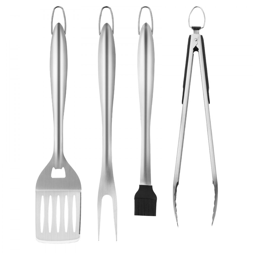 VEVOR Grilling Accessories, 4PCS BBQ Grill Tool Set, Heavy Duty Stainless Steel Barbecue Tools, Kitchen Utensils with Tong, Spatula, Fork, Brush, for Outdoor Grills, Gift for Father Men Husband