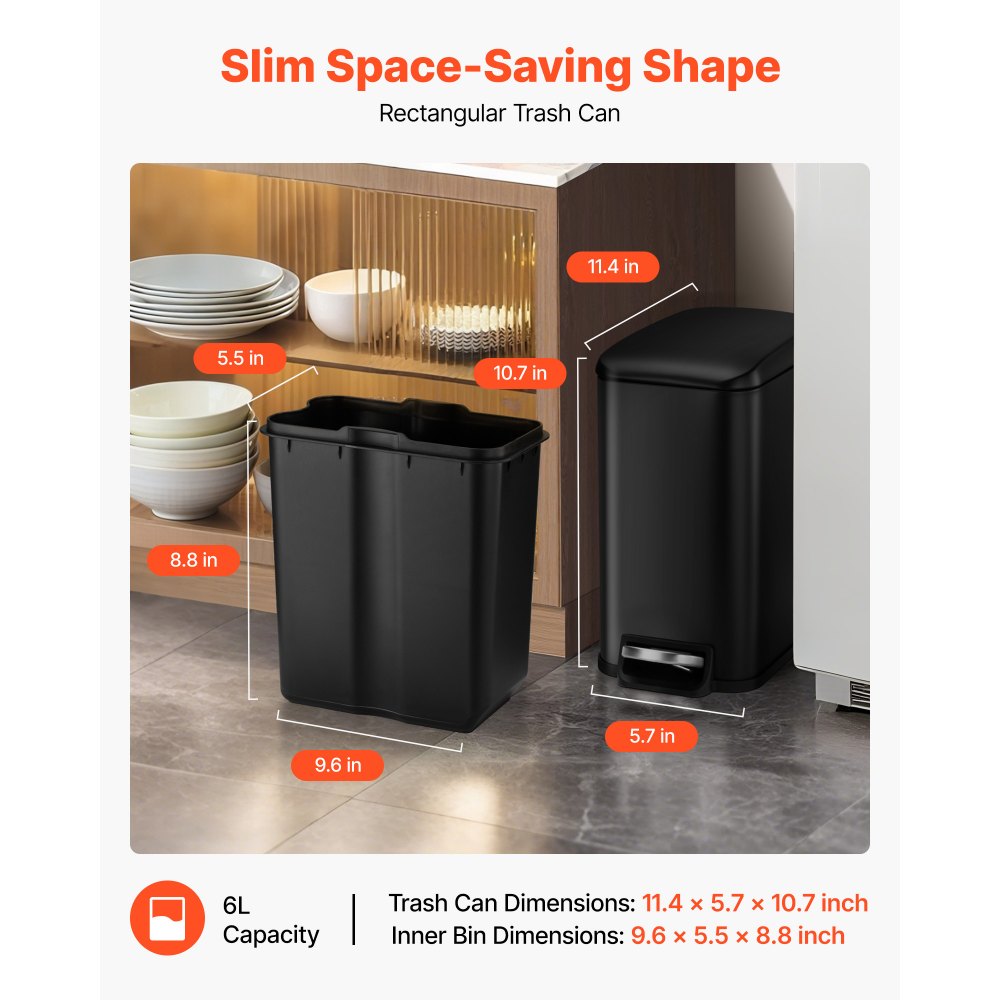 VEVOR Slim Bathroom Trash Can, 11.4 x 5.71 x 10.7 Inch Small Bedroom Trashcan with Step Pedal & Soft Close Lid, 6L Steel Garbage Can with Detachable Inner Bin, for Kitchen, Home, Dorm, Office, Black