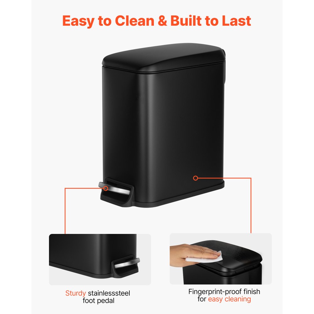 VEVOR Slim Bathroom Trash Can, 11.4 x 5.71 x 10.7 Inch Small Bedroom Trashcan with Step Pedal & Soft Close Lid, 6L Steel Garbage Can with Detachable Inner Bin, for Kitchen, Home, Dorm, Office, Black
