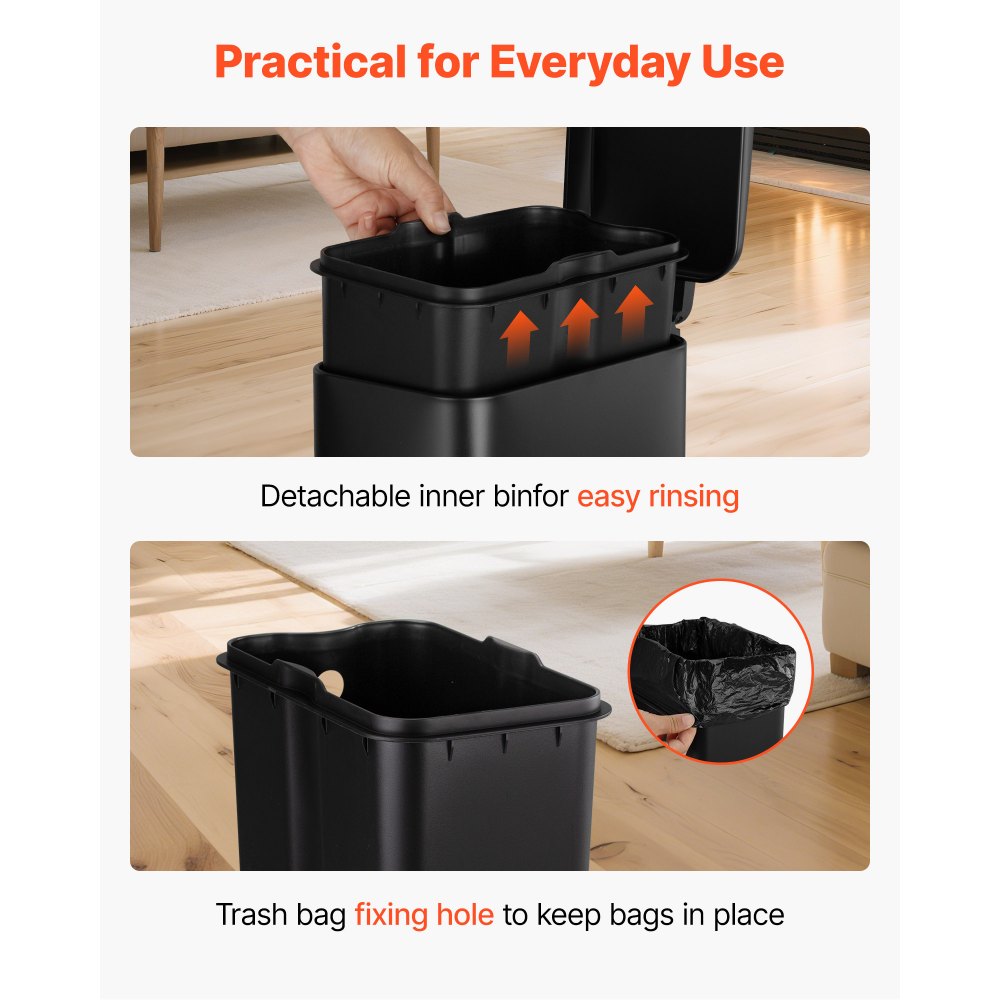 VEVOR Slim Bathroom Trash Can, 11.4 x 5.71 x 10.7 Inch Small Bedroom Trashcan with Step Pedal & Soft Close Lid, 6L Steel Garbage Can with Detachable Inner Bin, for Kitchen, Home, Dorm, Office, Black