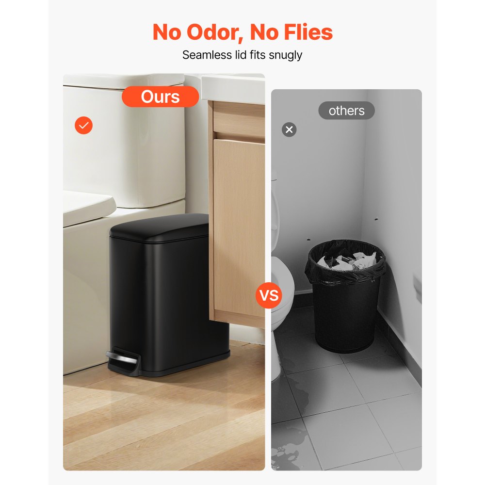 VEVOR Slim Bathroom Trash Can, 11.4 x 5.71 x 10.7 Inch Small Bedroom Trashcan with Step Pedal & Soft Close Lid, 6L Steel Garbage Can with Detachable Inner Bin, for Kitchen, Home, Dorm, Office, Black