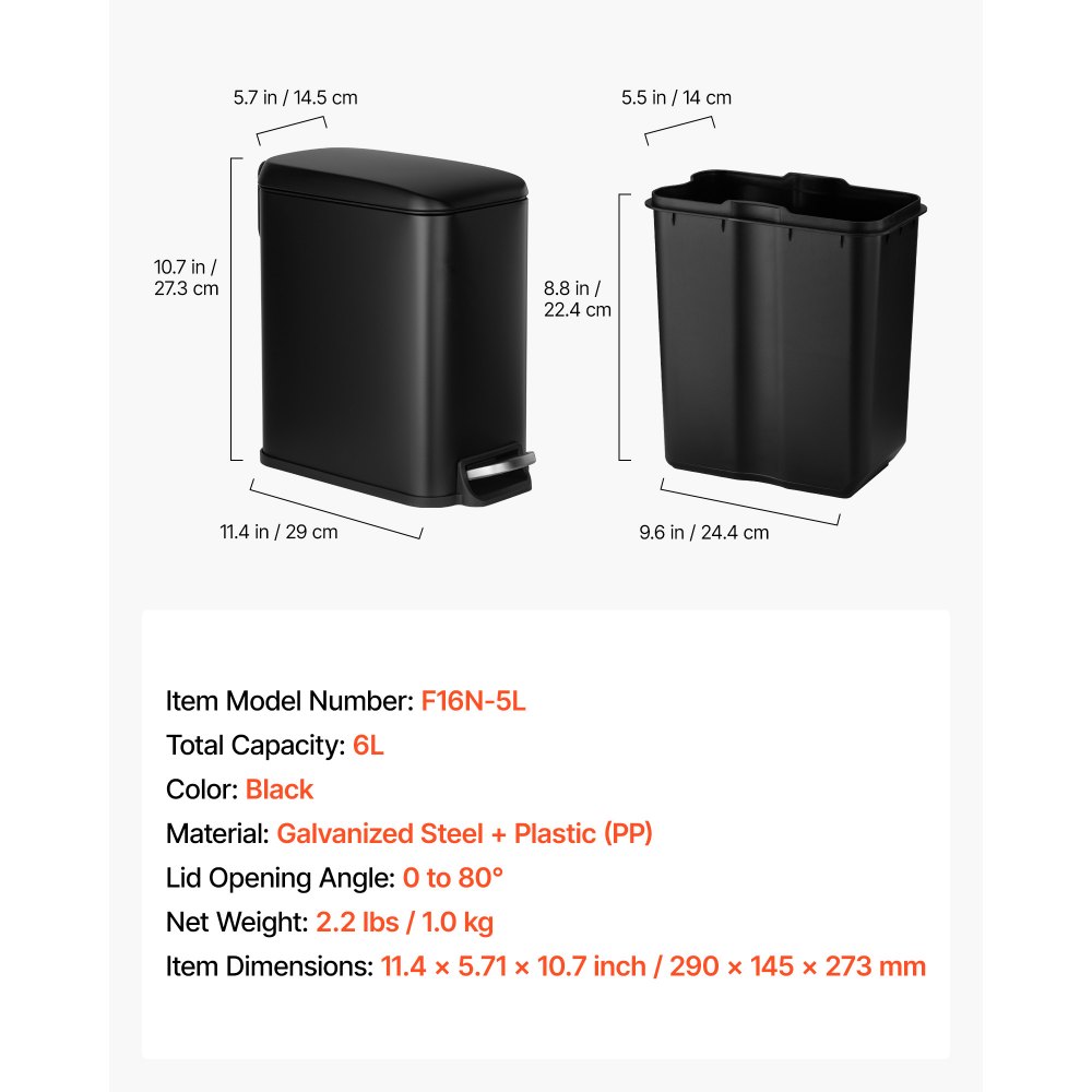 VEVOR Slim Bathroom Trash Can, 11.4 x 5.71 x 10.7 Inch Small Bedroom Trashcan with Step Pedal & Soft Close Lid, 6L Steel Garbage Can with Detachable Inner Bin, for Kitchen, Home, Dorm, Office, Black