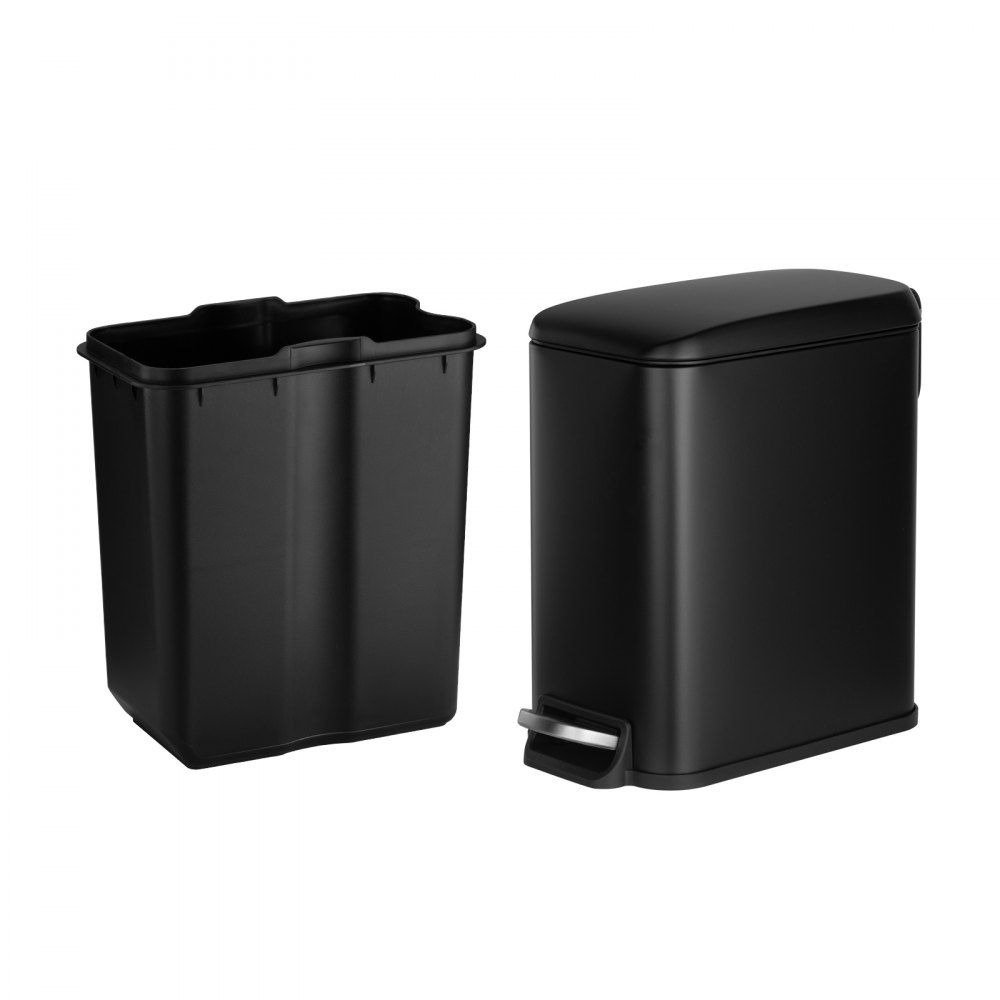 VEVOR Slim Bathroom Trash Can, 11.4 x 5.71 x 10.7 Inch Small Bedroom Trashcan with Step Pedal & Soft Close Lid, 6L Steel Garbage Can with Detachable Inner Bin, for Kitchen, Home, Dorm, Office, Black