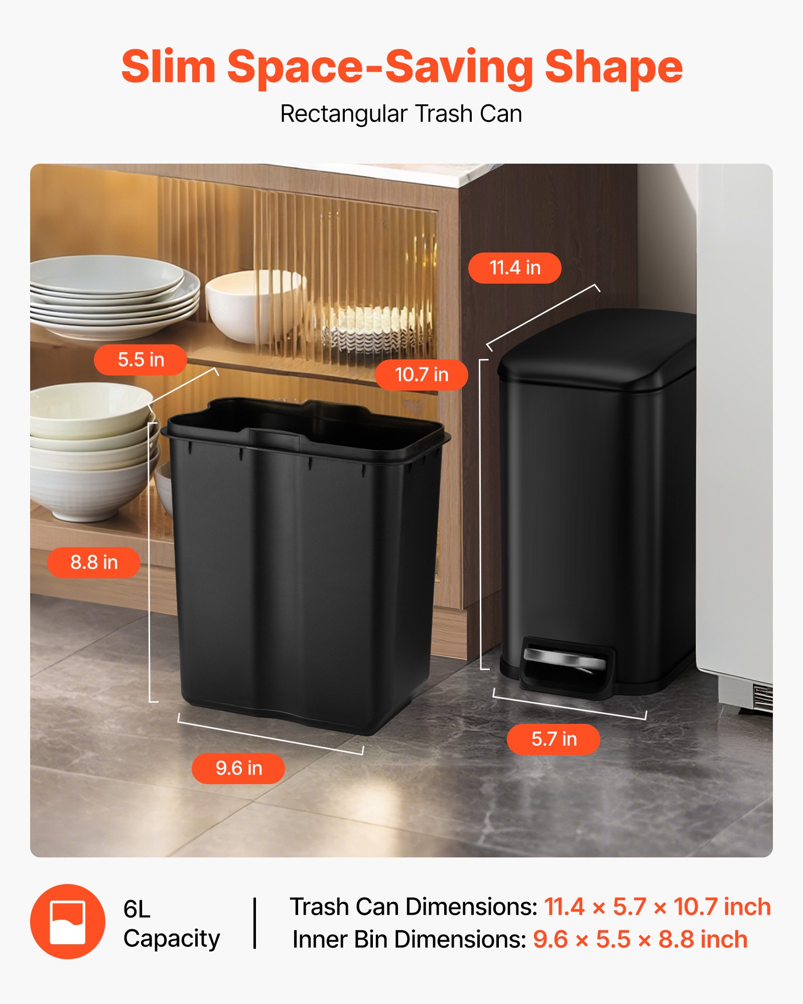 VEVOR Slim Bathroom Trash Can, 11.4 x 5.71 x 10.7 Inch Small Bedroom Trashcan with Step Pedal & Soft Close Lid, 6L Steel Garbage Can with Detachable Inner Bin, for Kitchen, Home, Dorm, Office, Black