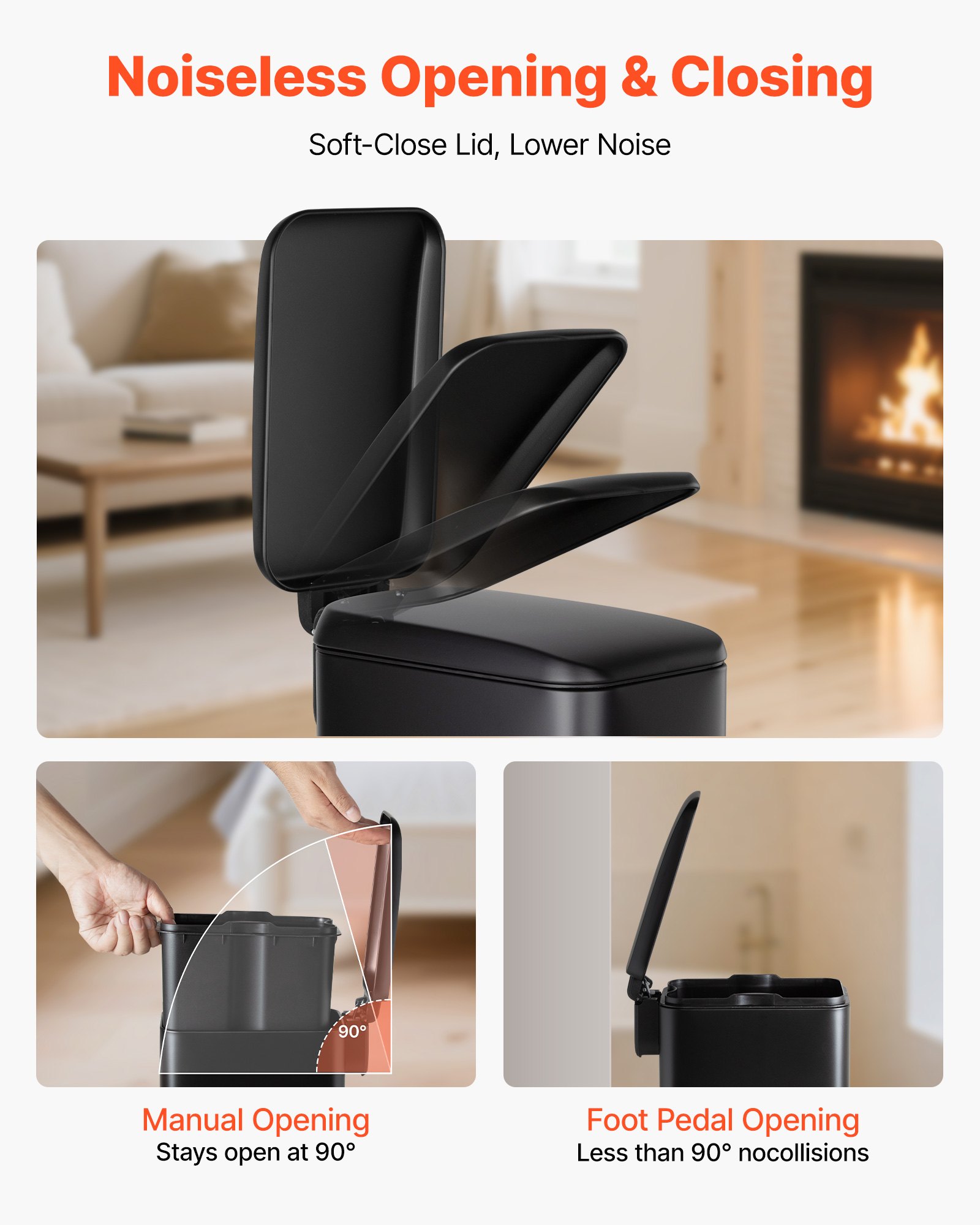 VEVOR Slim Bathroom Trash Can, 11.4 x 5.71 x 10.7 Inch Small Bedroom Trashcan with Step Pedal & Soft Close Lid, 6L Steel Garbage Can with Detachable Inner Bin, for Kitchen, Home, Dorm, Office, Black