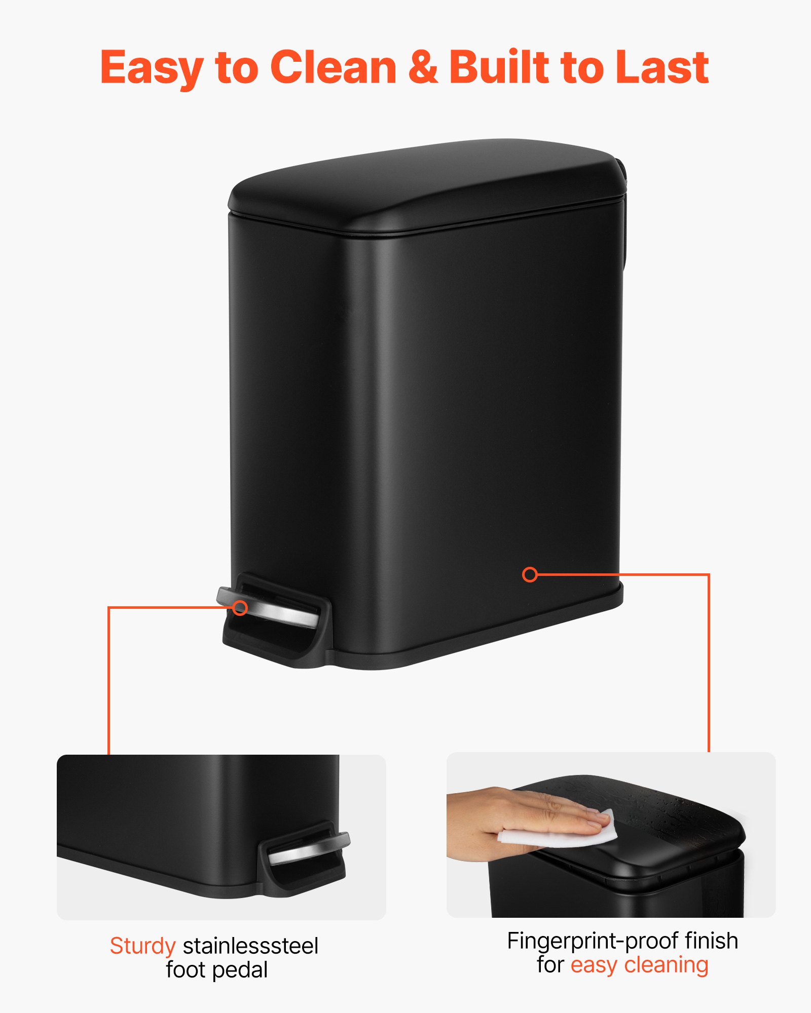 VEVOR Slim Bathroom Trash Can, 11.4 x 5.71 x 10.7 Inch Small Bedroom Trashcan with Step Pedal & Soft Close Lid, 6L Steel Garbage Can with Detachable Inner Bin, for Kitchen, Home, Dorm, Office, Black