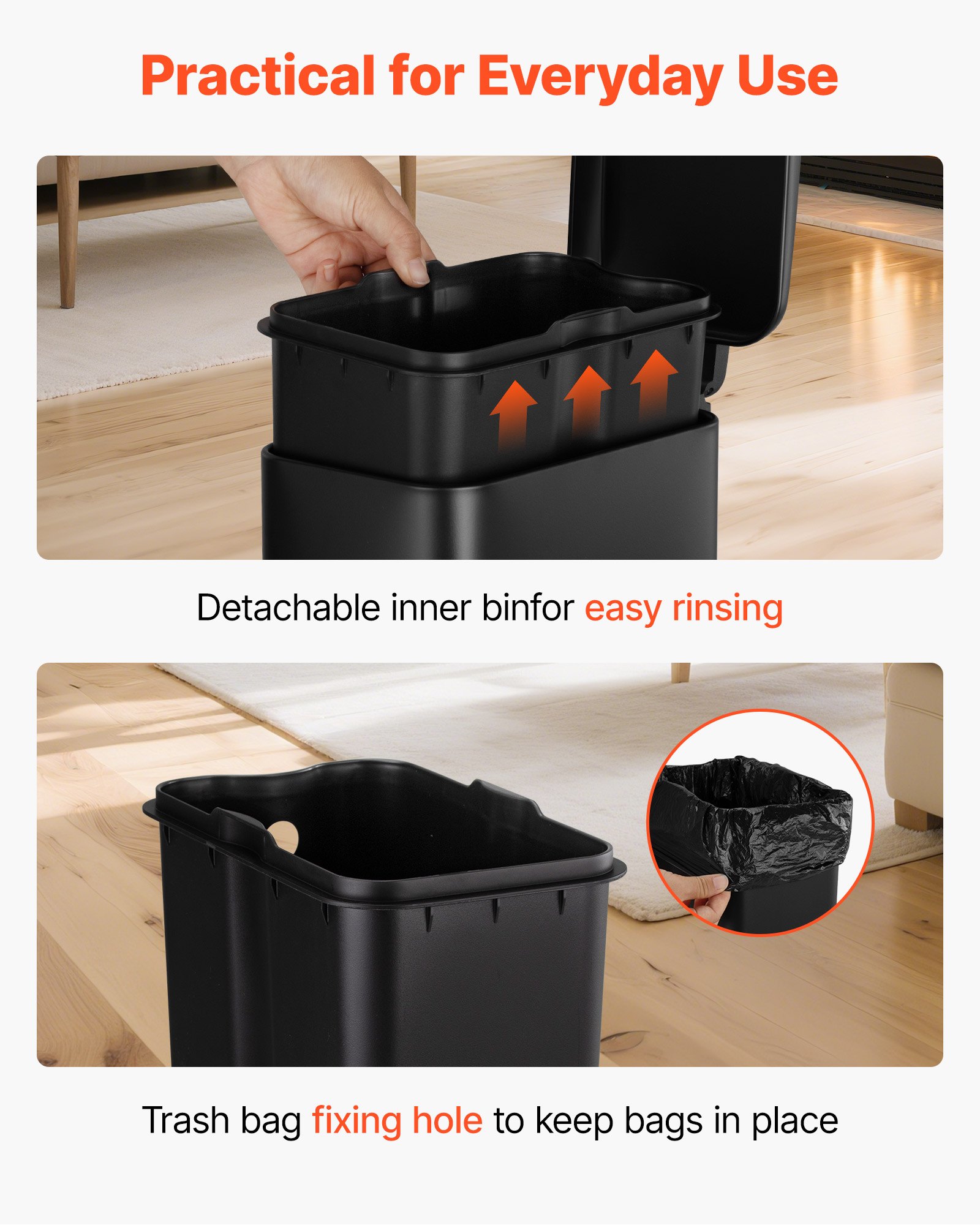 VEVOR Slim Bathroom Trash Can, 11.4 x 5.71 x 10.7 Inch Small Bedroom Trashcan with Step Pedal & Soft Close Lid, 6L Steel Garbage Can with Detachable Inner Bin, for Kitchen, Home, Dorm, Office, Black