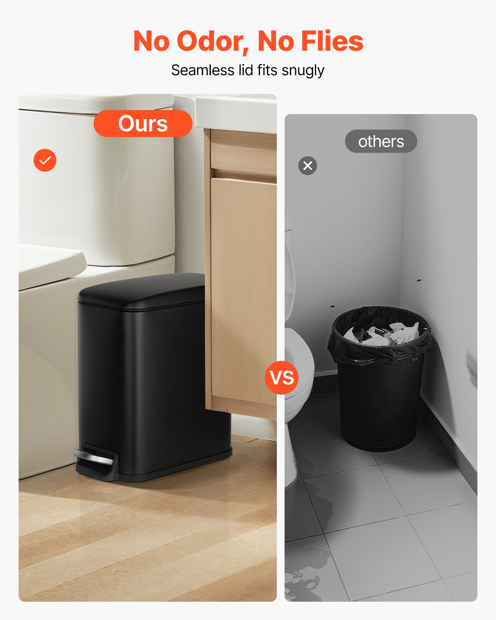 VEVOR Slim Bathroom Trash Can, 11.4 x 5.71 x 10.7 Inch Small Bedroom Trashcan with Step Pedal & Soft Close Lid, 6L Steel Garbage Can with Detachable Inner Bin, for Kitchen, Home, Dorm, Office, Black