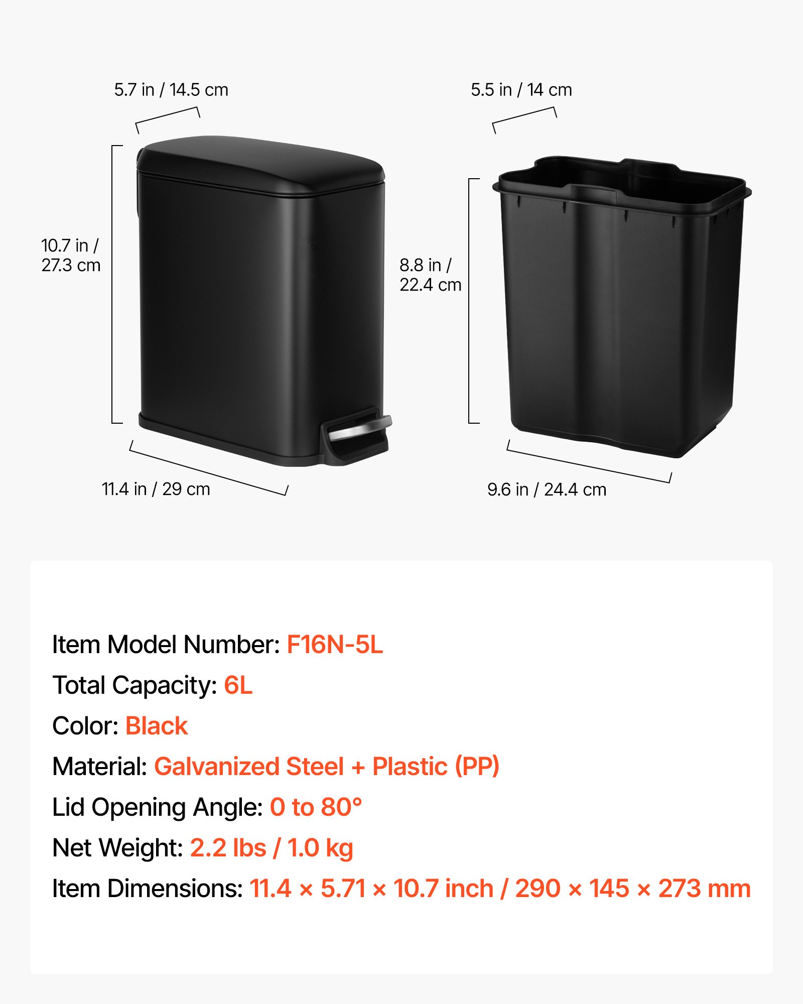 VEVOR Slim Bathroom Trash Can, 11.4 x 5.71 x 10.7 Inch Small Bedroom Trashcan with Step Pedal & Soft Close Lid, 6L Steel Garbage Can with Detachable Inner Bin, for Kitchen, Home, Dorm, Office, Black