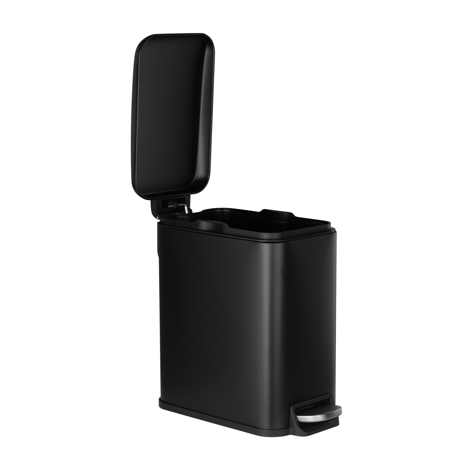VEVOR Slim Bathroom Trash Can, 11.4 x 5.71 x 10.7 Inch Small Bedroom Trashcan with Step Pedal & Soft Close Lid, 6L Steel Garbage Can with Detachable Inner Bin, for Kitchen, Home, Dorm, Office, Black