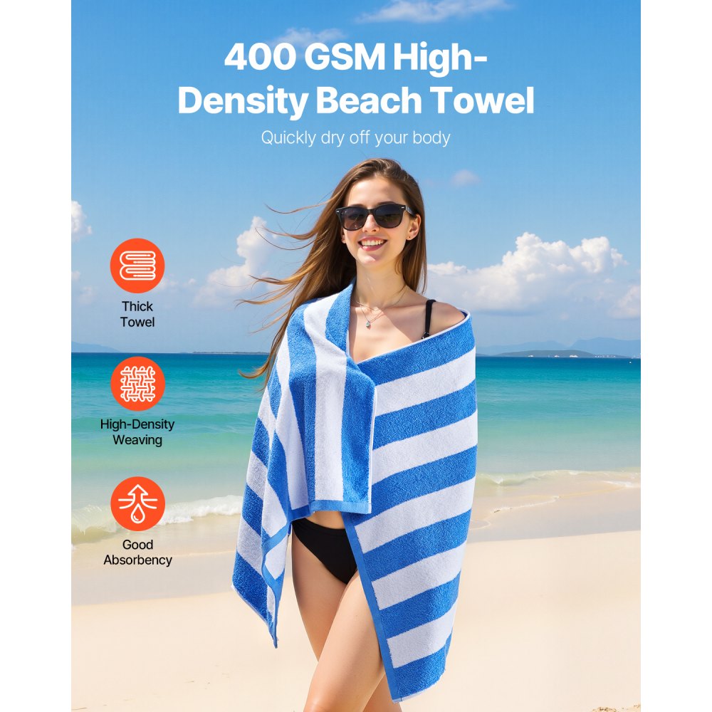 VEVOR Beach Towel, 4 Pack Oversized Beach Towels, 30 x 60 in Cabana Striped Large Pool Towel, 100% Cotton Soft and Quickly Dry Thick Swimming Towels, for Vacation, Swimming, Beaches, and Bathroom