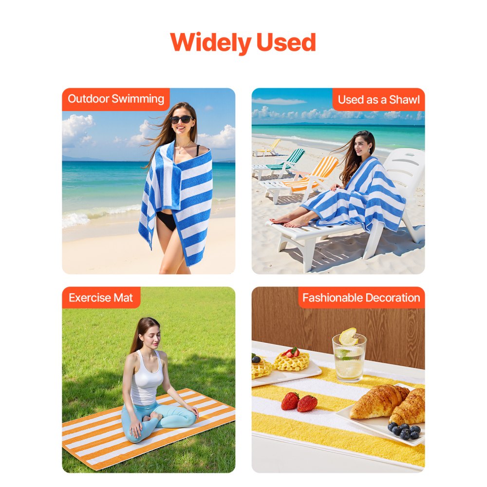 VEVOR Beach Towel, 4 Pack Oversized Beach Towels, 30 x 60 in Cabana Striped Large Pool Towel, 100% Cotton Soft and Quickly Dry Thick Swimming Towels, for Vacation, Swimming, Beaches, and Bathroom