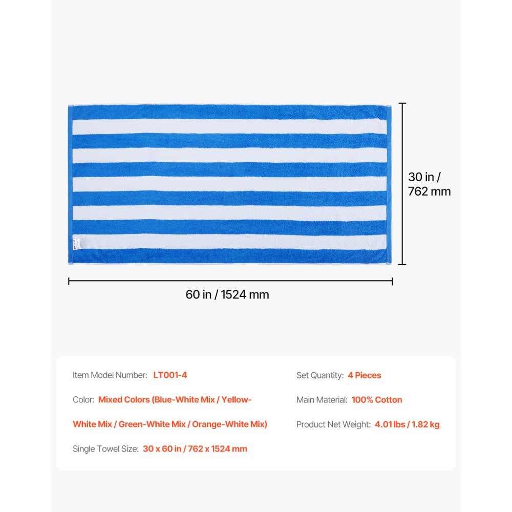 VEVOR Beach Towel, 4 Pack Oversized Beach Towels, 30 x 60 in Cabana Striped Large Pool Towel, 100% Cotton Soft and Quickly Dry Thick Swimming Towels, for Vacation, Swimming, Beaches, and Bathroom