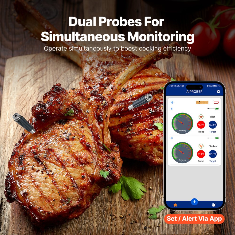 VEVOR Wireless Meat Thermometer, 500 ft Range Wireless Bluetooth Meat Thermometer, Digital Cooking Food Meat Thermometer, Waterproof Smart Meat Probe with Two Probe, for Grilling, Smoker, BBQ & Oven