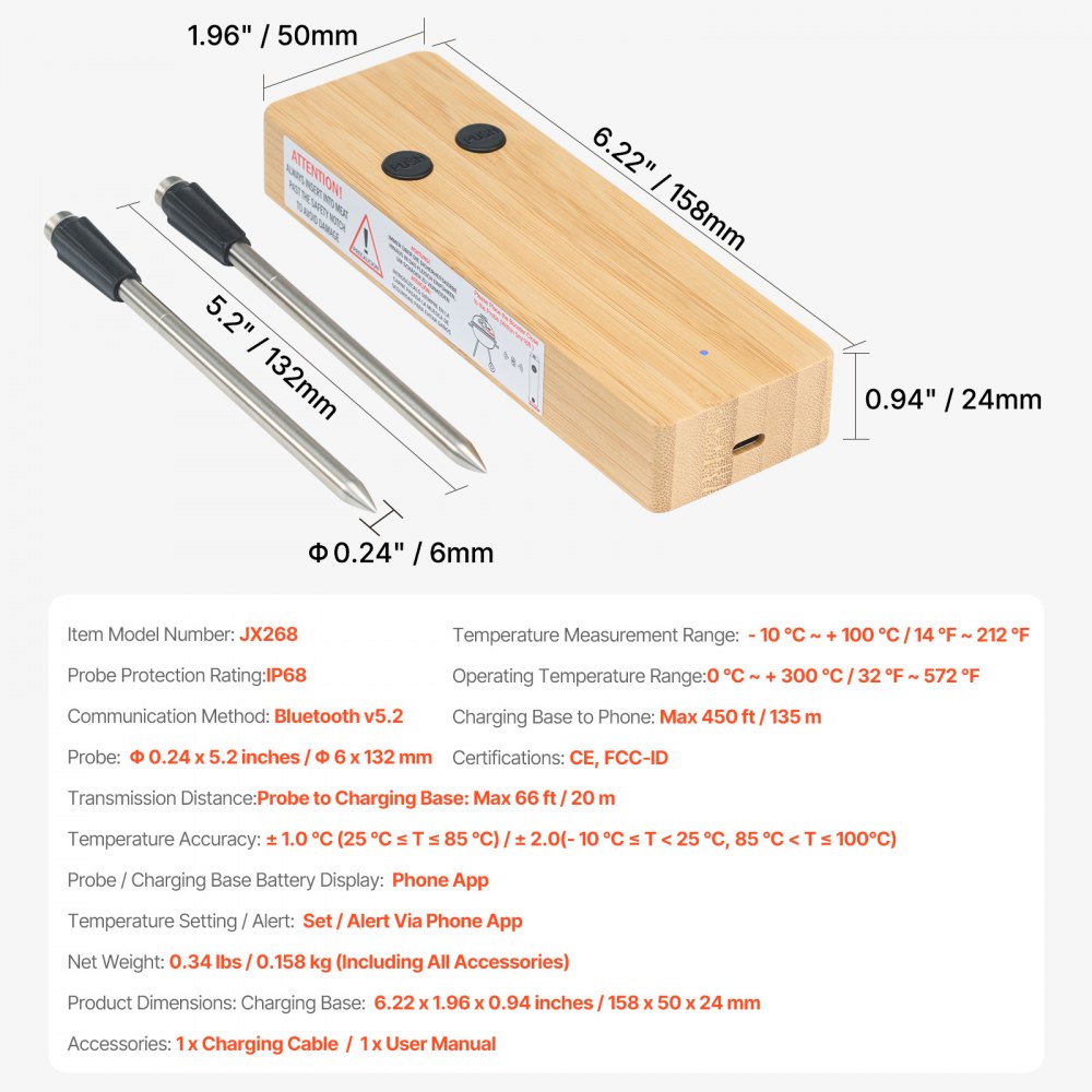 VEVOR Wireless Meat Thermometer, 500 ft Range Wireless Bluetooth Meat Thermometer, Digital Cooking Food Meat Thermometer, Waterproof Smart Meat Probe with Two Probe, for Grilling, Smoker, BBQ & Oven