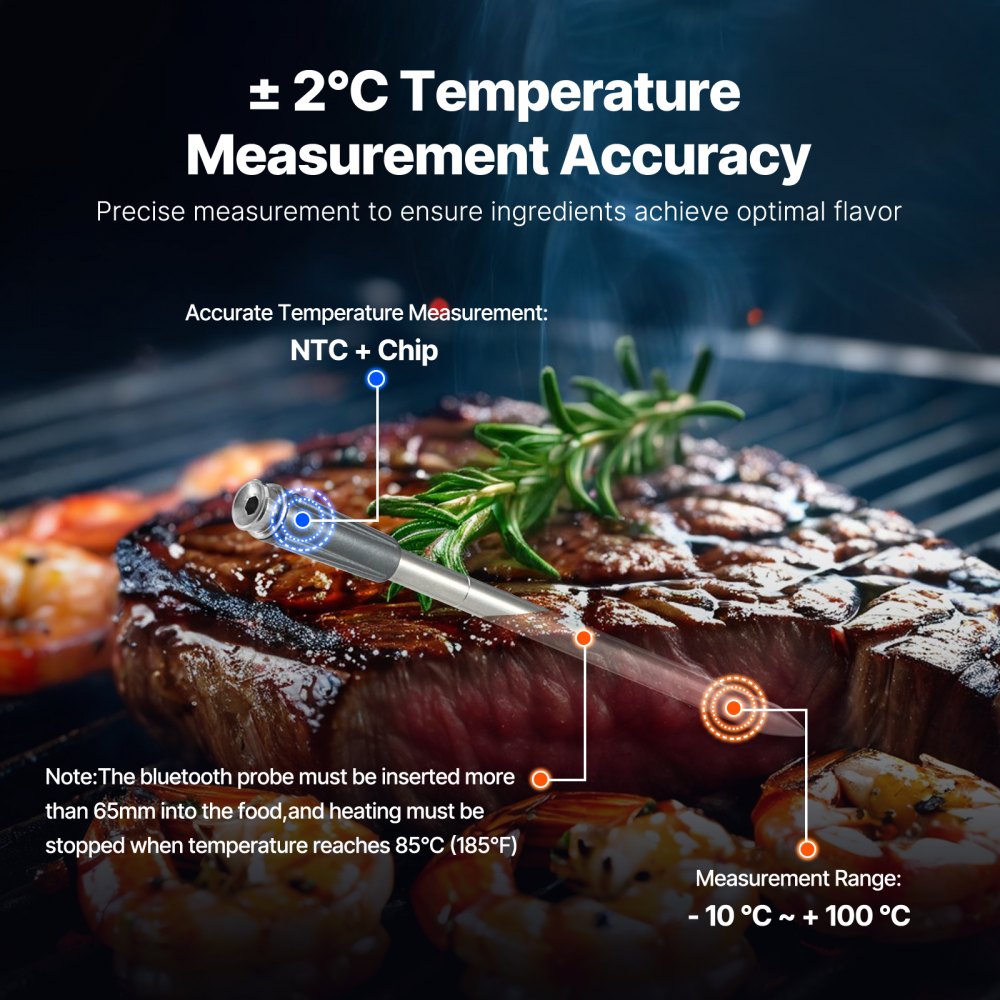 Termómetro inalámbrico para carne VEVOR, con Bluetooth y alcance de 152 m, termómetro digital para cocinar alimentos, sonda inteligente impermeable con una sonda, para asar, ahumar, barbacoa y horno.