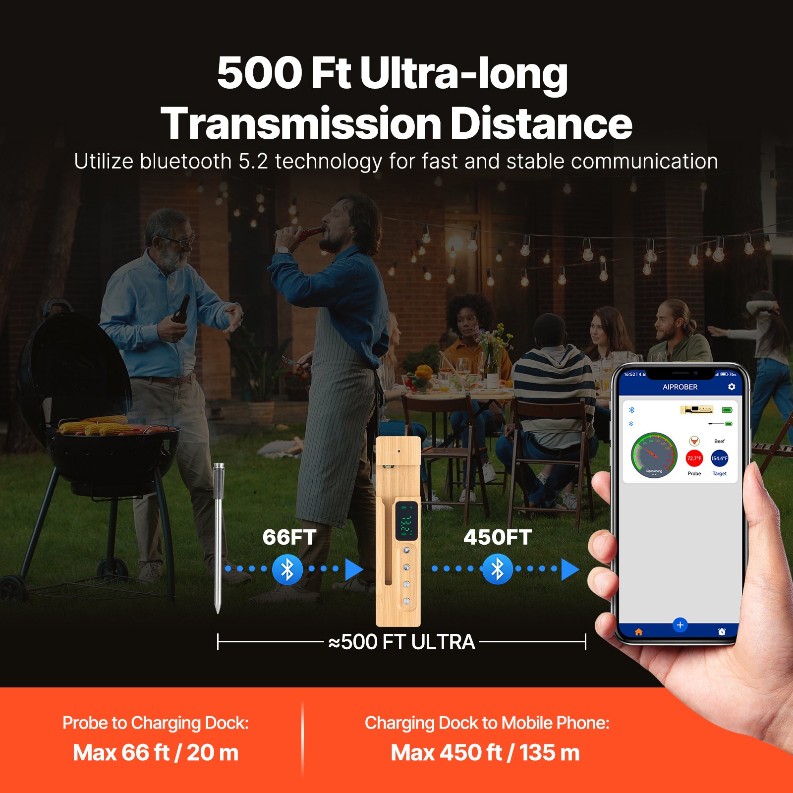 Termómetro inalámbrico para carne VEVOR, con Bluetooth y alcance de 152 m, termómetro digital para cocinar alimentos, sonda inteligente impermeable con una sonda, para asar, ahumar, barbacoa y horno.
