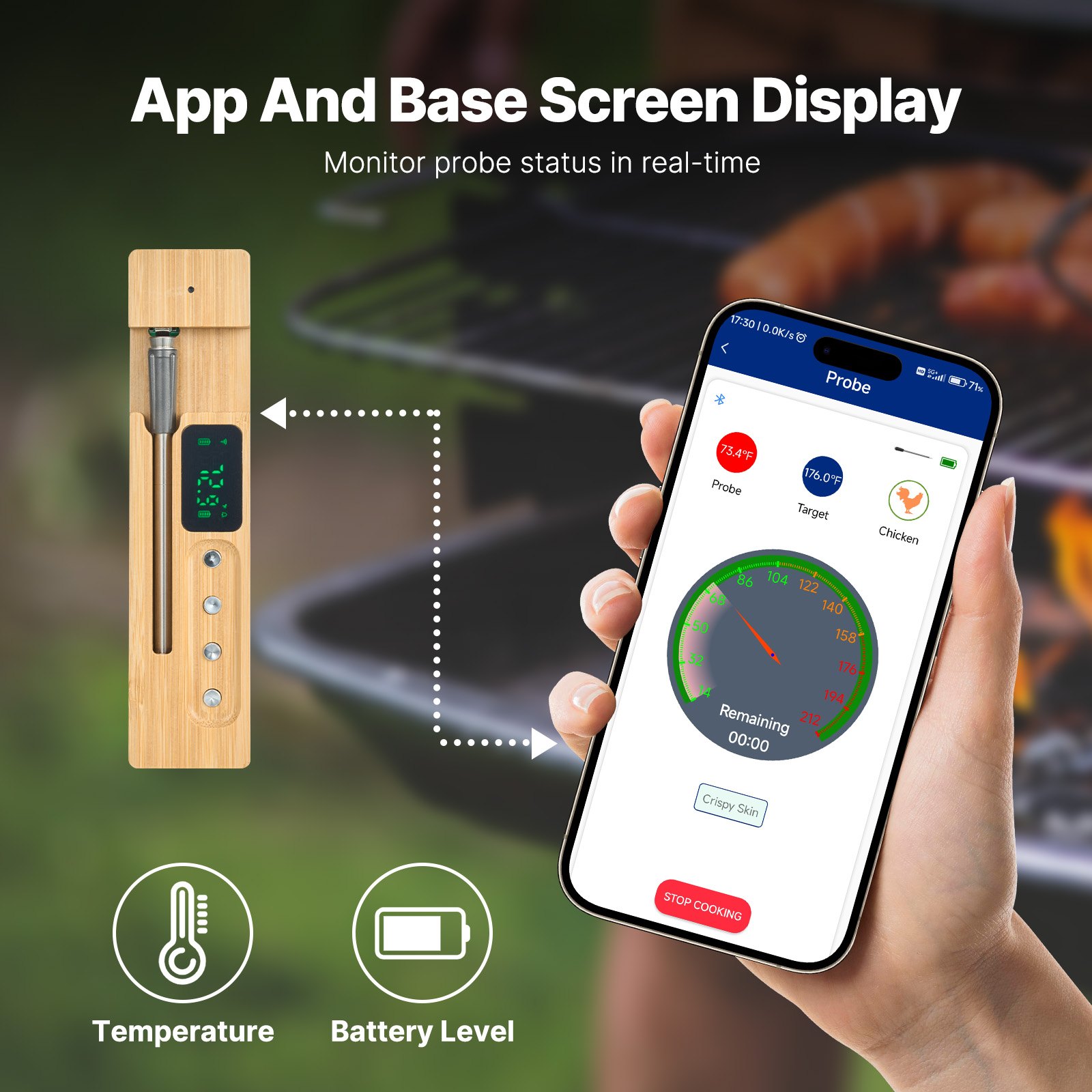 Termómetro inalámbrico para carne VEVOR, con Bluetooth y alcance de 152 m, termómetro digital para cocinar alimentos, sonda inteligente impermeable con una sonda, para asar, ahumar, barbacoa y horno.
