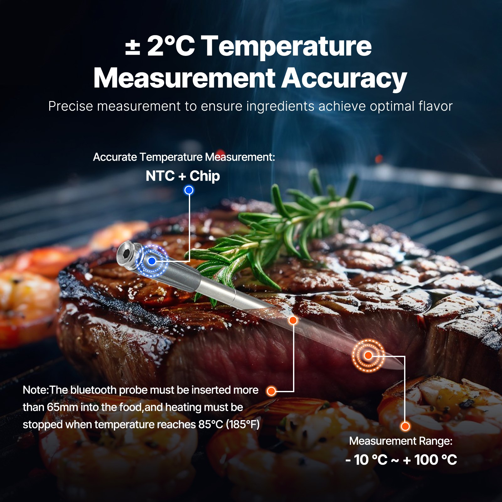 Termómetro inalámbrico para carne VEVOR, con Bluetooth y alcance de 152 m, termómetro digital para cocinar alimentos, sonda inteligente impermeable con una sonda, para asar, ahumar, barbacoa y horno.