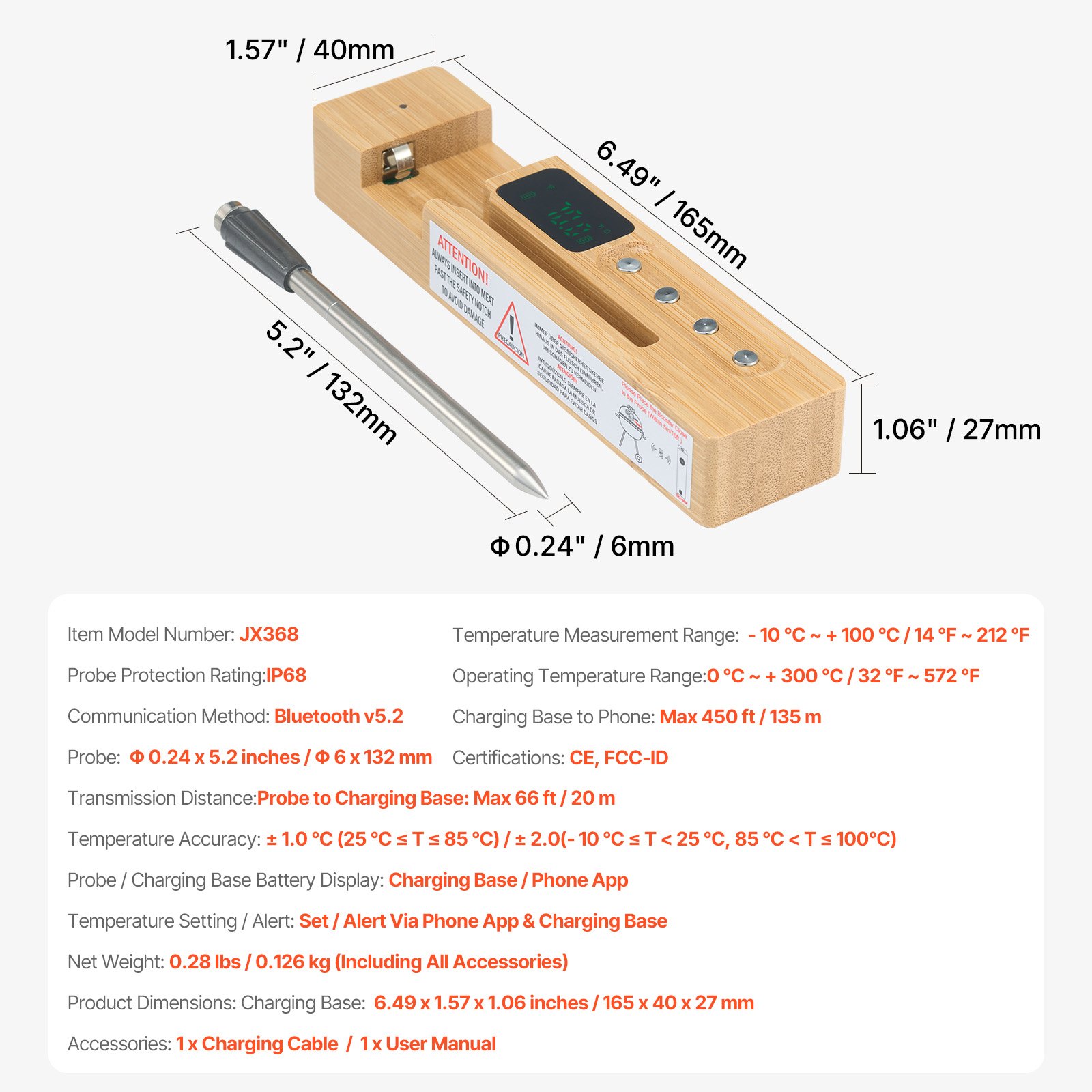 Termómetro inalámbrico para carne VEVOR, con Bluetooth y alcance de 152 m, termómetro digital para cocinar alimentos, sonda inteligente impermeable con una sonda, para asar, ahumar, barbacoa y horno.
