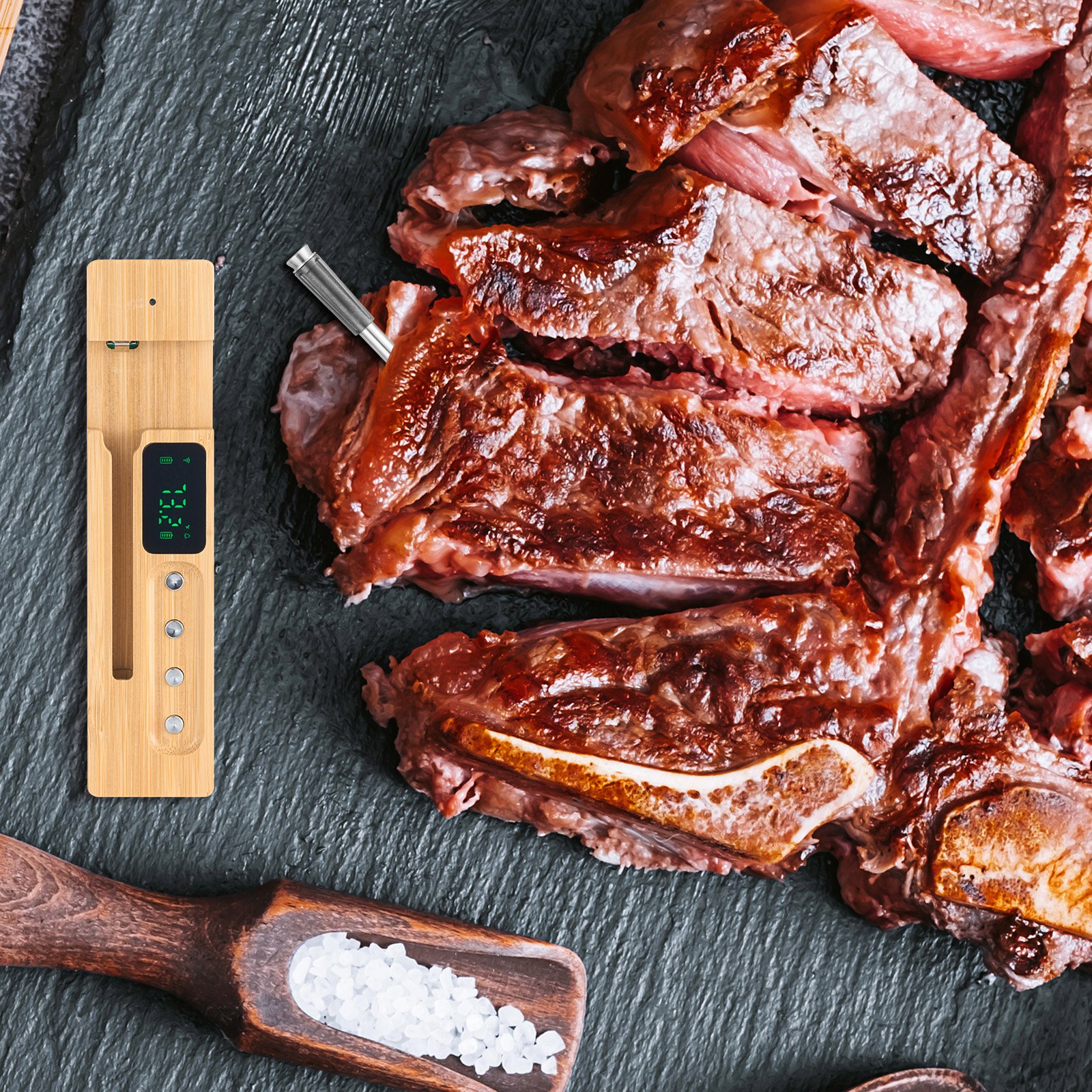 Termómetro inalámbrico para carne VEVOR, con Bluetooth y alcance de 152 m, termómetro digital para cocinar alimentos, sonda inteligente impermeable con una sonda, para asar, ahumar, barbacoa y horno.