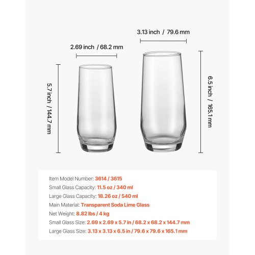 VEVOR 16-piece Crystal Glassware Set - 8 Highball 18.26oz & 8 Cocktail 11.5oz Glasses Elegant Mixed Drinkware For Kitchen Beer Juice Wine