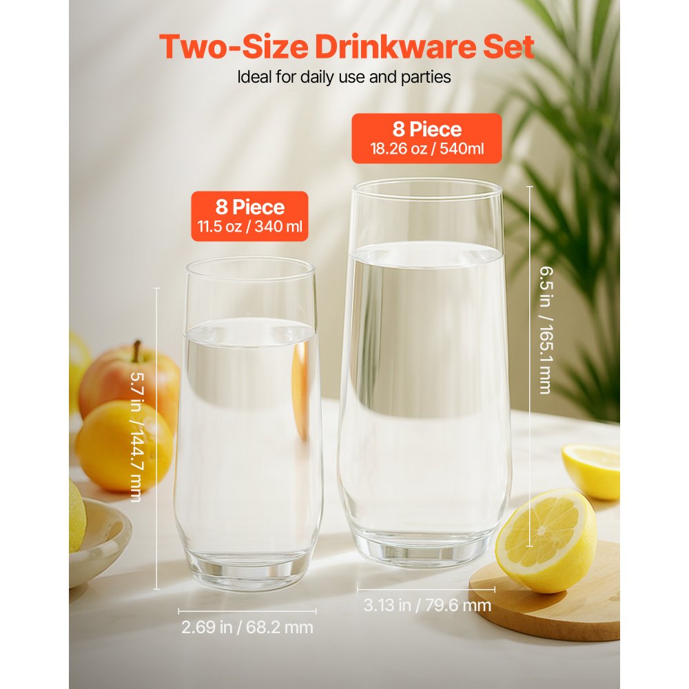VEVOR Drinking Glasses Set, 16-Piece Crystal Glass Cups, Elegant Mixed Glassware Set, with 8 Pcs 18.26 Oz Highball and 8 Pcs 11.5 Oz Cocktail Drinkware for Kitchen, Beer, Smoothie, Juice, Soda, Wine