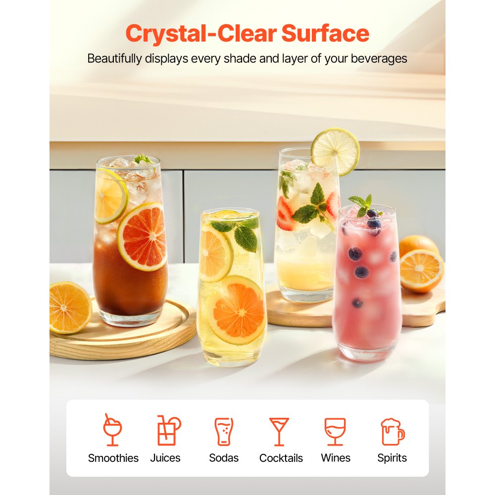 VEVOR Drinking Glasses Set, 16-Piece Crystal Glass Cups, Elegant Mixed Glassware Set, with 8 Pcs 18.26 Oz Highball and 8 Pcs 11.5 Oz Cocktail Drinkware for Kitchen, Beer, Smoothie, Juice, Soda, Wine