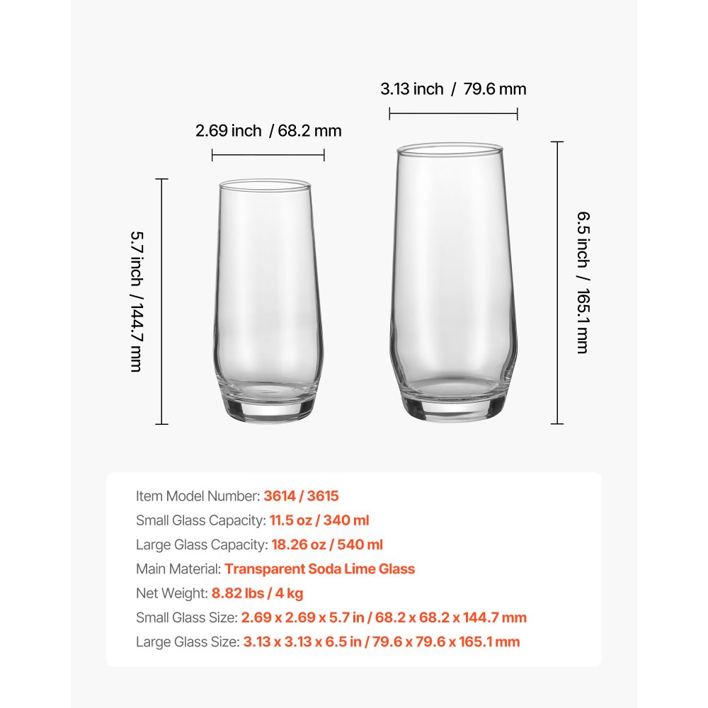 VEVOR Drinking Glasses Set, 16-Piece Crystal Glass Cups, Elegant Mixed Glassware Set, with 8 Pcs 18.26 Oz Highball and 8 Pcs 11.5 Oz Cocktail Drinkware for Kitchen, Beer, Smoothie, Juice, Soda, Wine