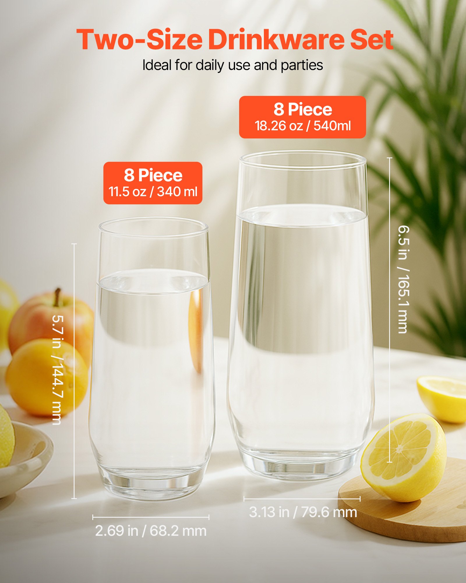 VEVOR Drinking Glasses Set, 16-Piece Crystal Glass Cups, Elegant Mixed Glassware Set, with 8 Pcs 18.26 Oz Highball and 8 Pcs 11.5 Oz Cocktail Drinkware for Kitchen, Beer, Smoothie, Juice, Soda, Wine