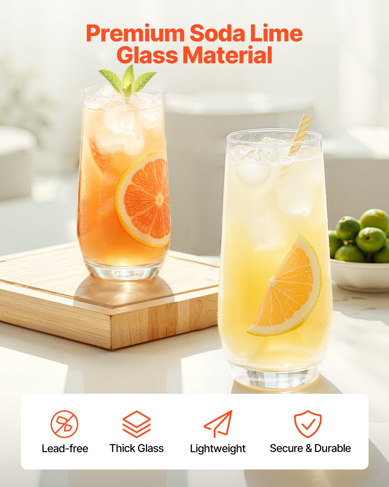 VEVOR Drinking Glasses Set, 16-Piece Crystal Glass Cups, Elegant Mixed Glassware Set, with 8 Pcs 18.26 Oz Highball and 8 Pcs 11.5 Oz Cocktail Drinkware for Kitchen, Beer, Smoothie, Juice, Soda, Wine