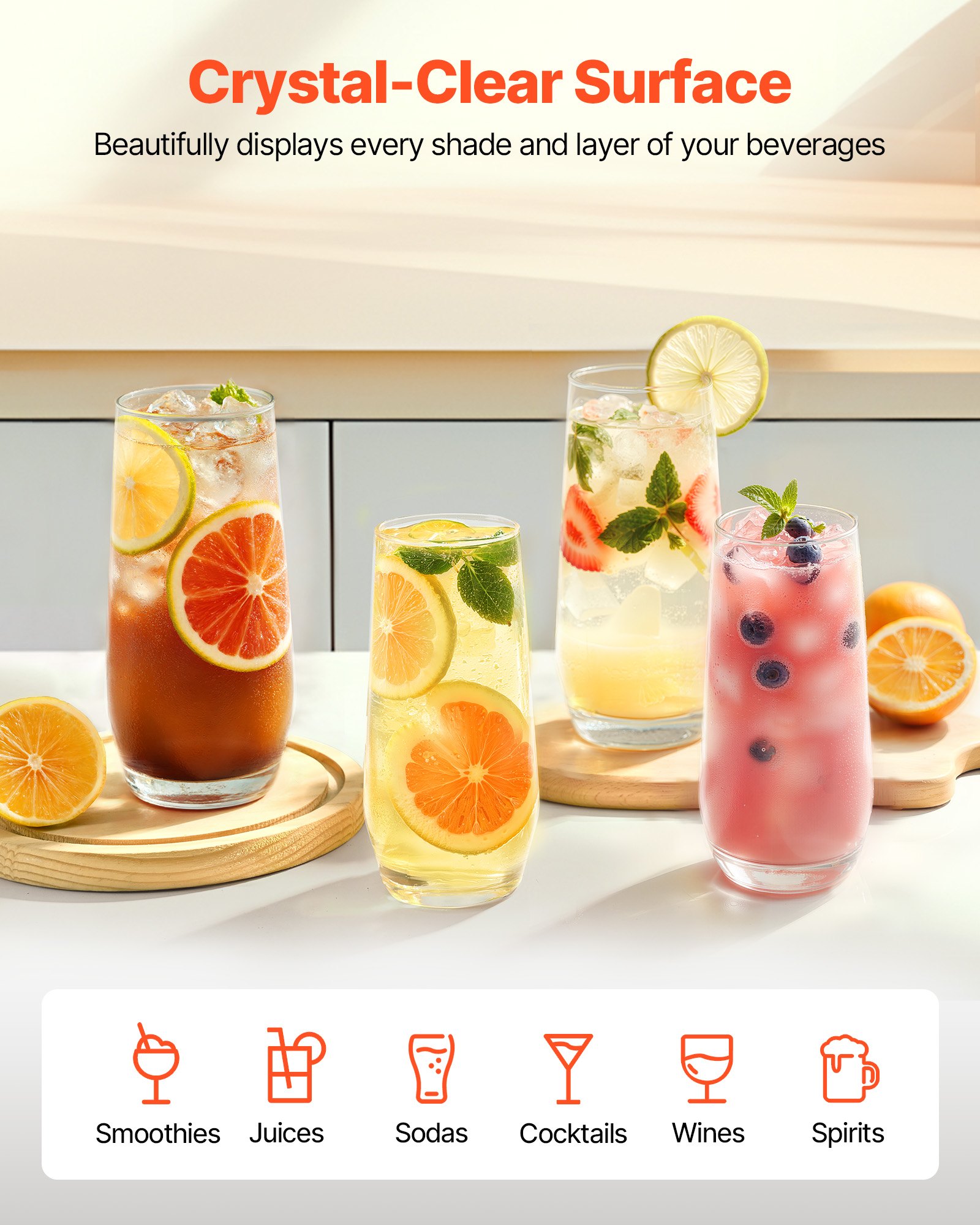 VEVOR Drinking Glasses Set, 16-Piece Crystal Glass Cups, Elegant Mixed Glassware Set, with 8 Pcs 18.26 Oz Highball and 8 Pcs 11.5 Oz Cocktail Drinkware for Kitchen, Beer, Smoothie, Juice, Soda, Wine