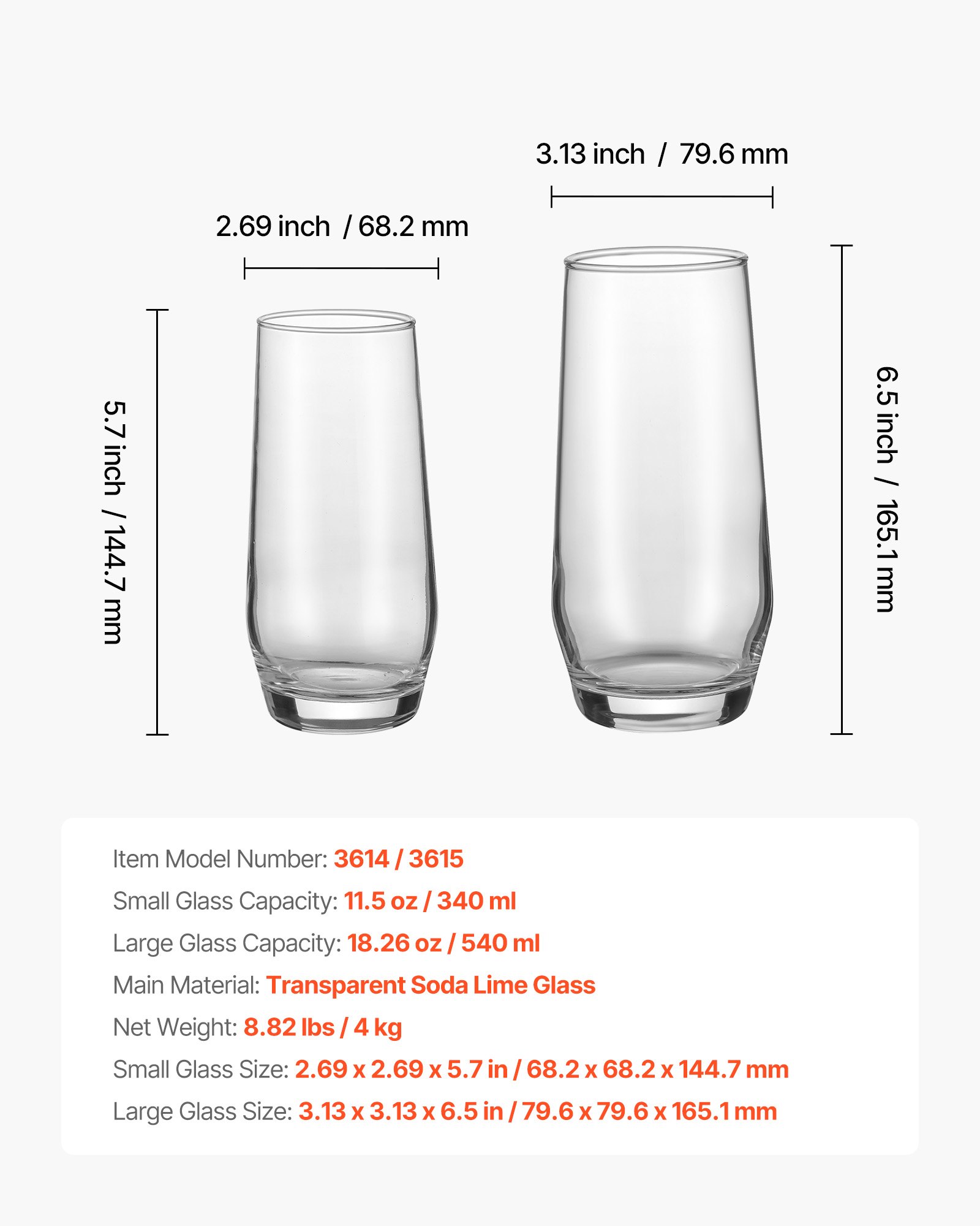 VEVOR Drinking Glasses Set, 16-Piece Crystal Glass Cups, Elegant Mixed Glassware Set, with 8 Pcs 18.26 Oz Highball and 8 Pcs 11.5 Oz Cocktail Drinkware for Kitchen, Beer, Smoothie, Juice, Soda, Wine