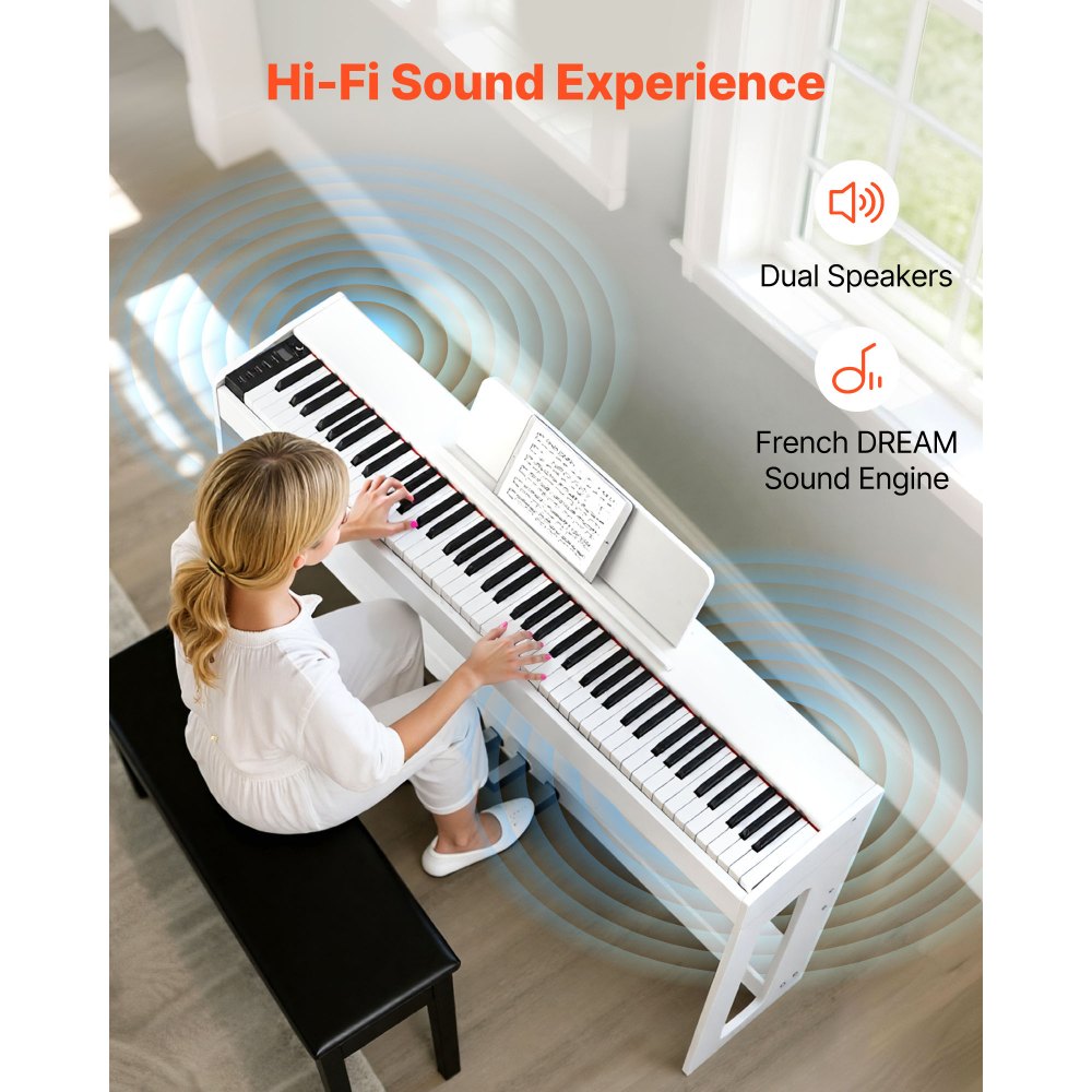 VEVOR Weighted Digital Piano, 88 Keys Fully Weighted, Electric Piano Keyboard with Furniture Stand, Power Adapter, Triple Pedal, Record Function, 280 Tones, Wireless Connection, for Beginners, White