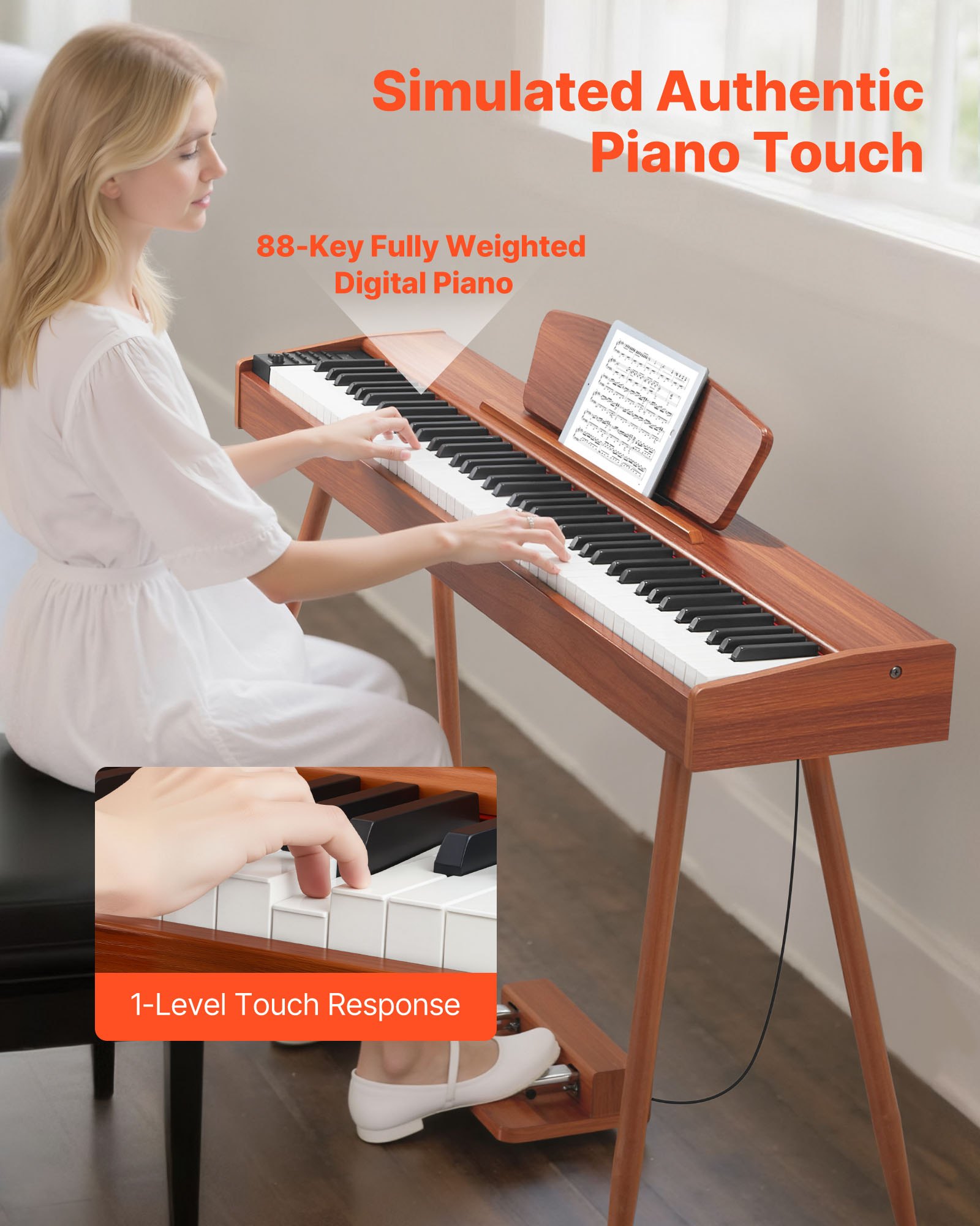 VEVOR Weighted Digital Piano, 88 Keys Fully Weighted, Electric Piano Keyboard with Sheet Music Stand, Triple Pedal, Power Adapter, 280 Tones, Support Wireless Connection, for Beginners, Wood Color