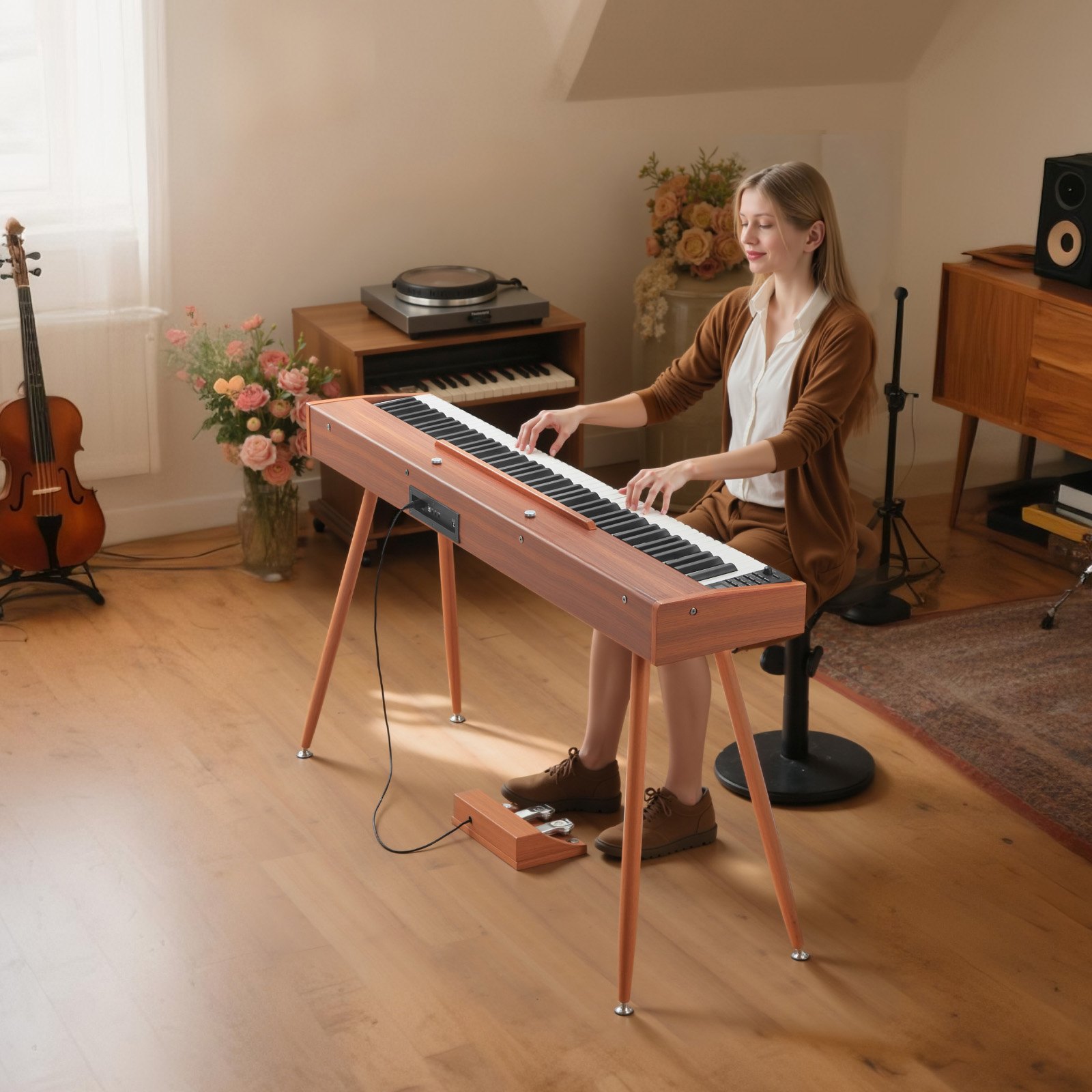 VEVOR Weighted Digital Piano, 88 Keys Fully Weighted, Electric Piano Keyboard with Sheet Music Stand, Triple Pedal, Power Adapter, 280 Tones, Support Wireless Connection, for Beginners, Wood Color