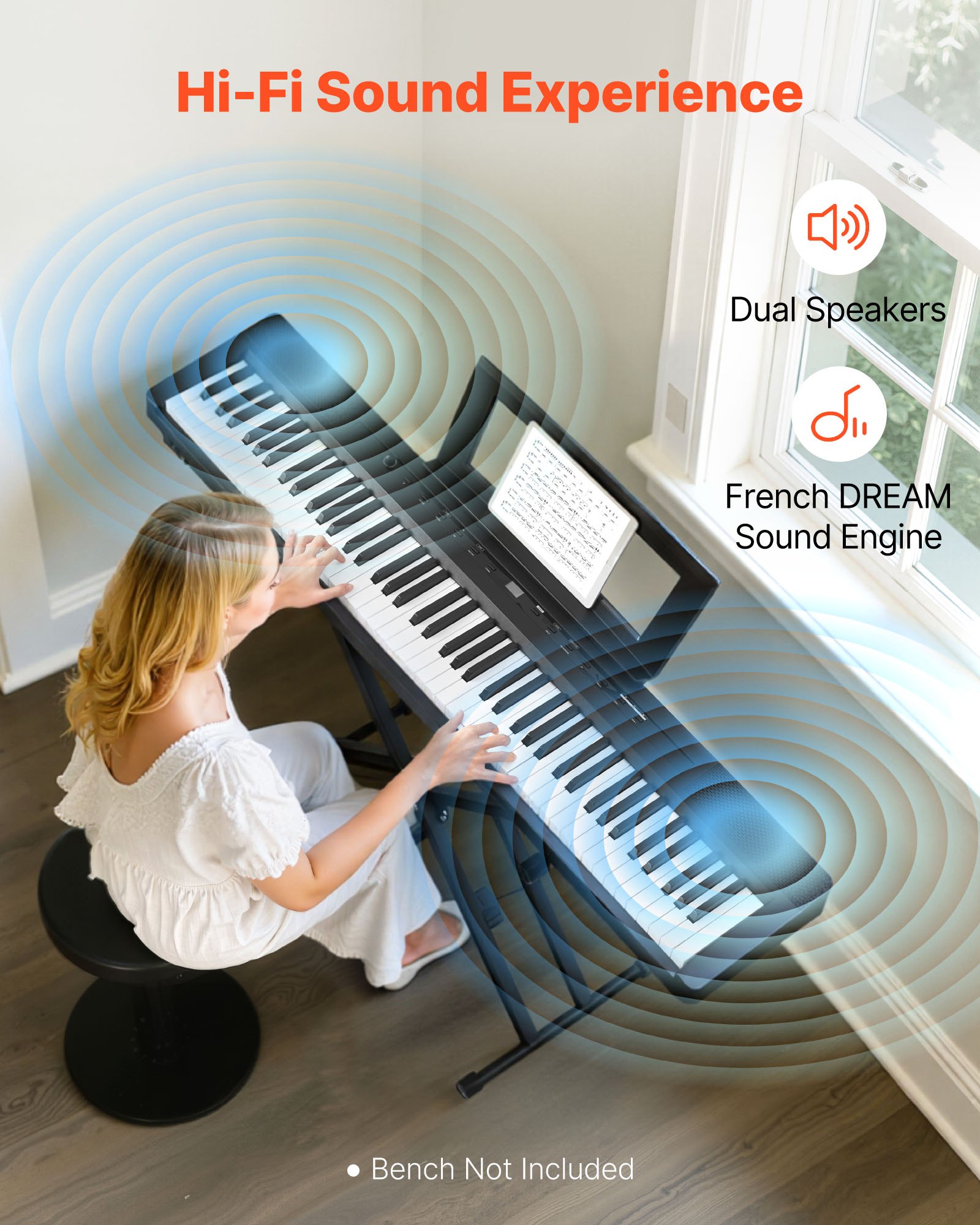 VEVOR vážené digitální piano, 88 kláves, plně vážené, elektrické piano, duální klaviatura a reproduktory s X stojanem, sustain pedál, funkce nahrávání, 280 tónů, bezdrátové připojení, pro začátečníky, černé