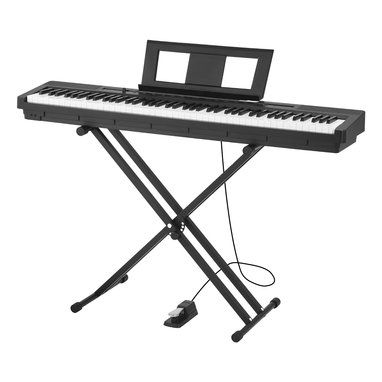 VEVOR vážené digitální piano, 88 kláves, plně vážené, elektrické piano, duální klaviatura a reproduktory s X stojanem, sustain pedál, funkce nahrávání, 280 tónů, bezdrátové připojení, pro začátečníky, černé
