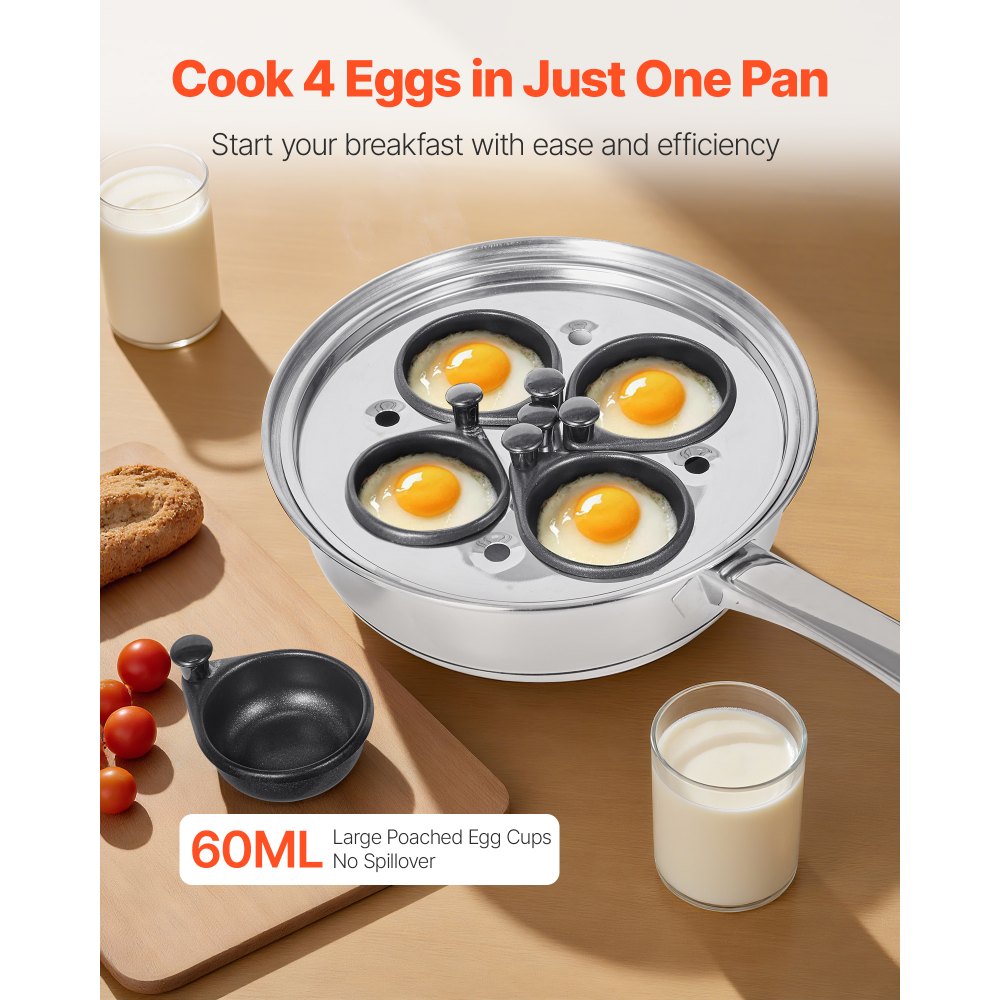 VEVOR Egg Poacher Pan, 4-Cup Poached Egg Maker, Stainless Steel Poaching Pan and Frying Skillet, with 4 Nonsitck Detachable Large Cups, Lid, and Silicone Spatula, Compatible with Induction Stovetop
