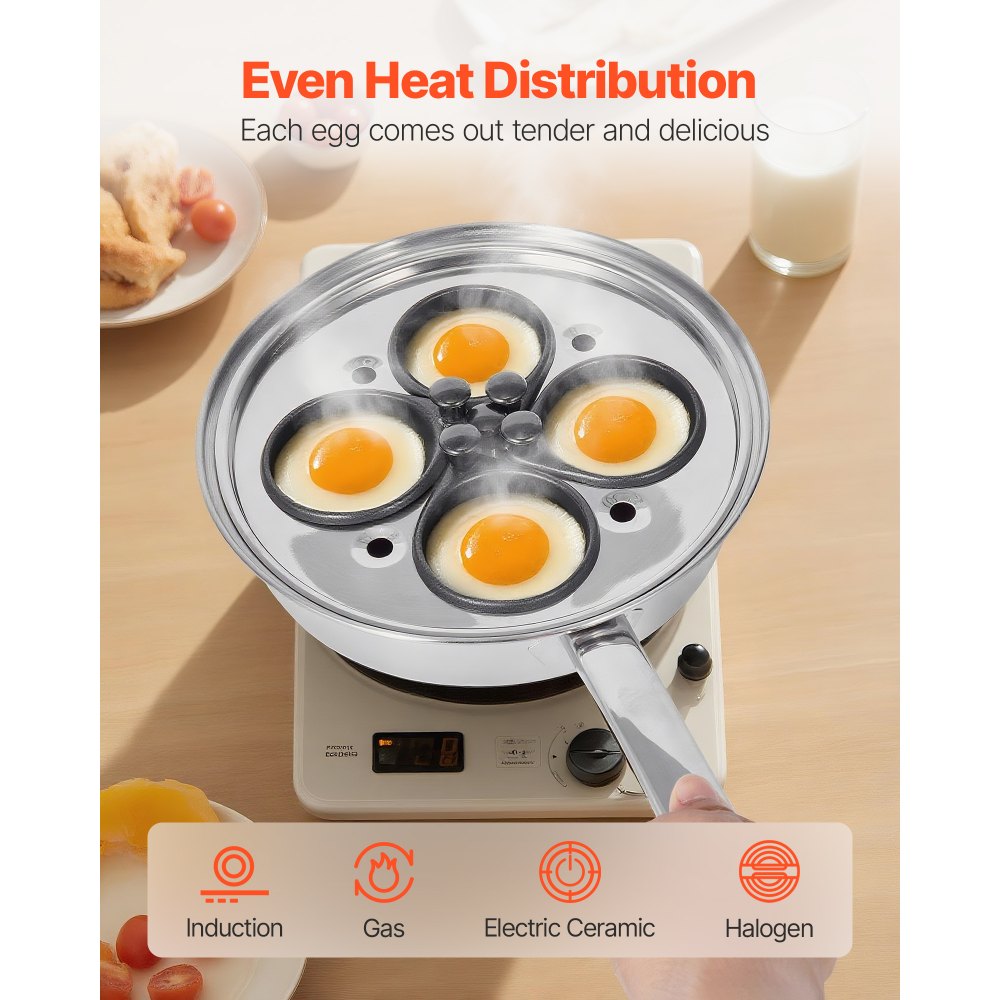 VEVOR Egg Poacher Pan, 4-Cup Poached Egg Maker, Stainless Steel Poaching Pan and Frying Skillet, with 4 Nonsitck Detachable Large Cups, Lid, and Silicone Spatula, Compatible with Induction Stovetop