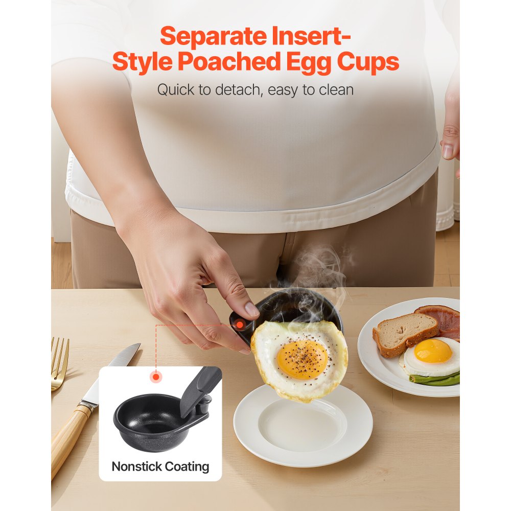 VEVOR Egg Poacher Pan, 4-Cup Poached Egg Maker, Stainless Steel Poaching Pan and Frying Skillet, with 4 Nonsitck Detachable Large Cups, Lid, and Silicone Spatula, Compatible with Induction Stovetop