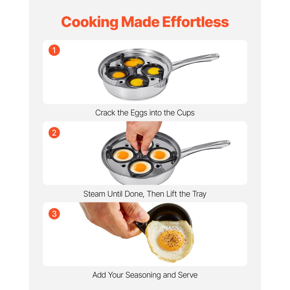 VEVOR Egg Poacher Pan, 4-Cup Poached Egg Maker, Stainless Steel Poaching Pan and Frying Skillet, with 4 Nonsitck Detachable Large Cups, Lid, and Silicone Spatula, Compatible with Induction Stovetop
