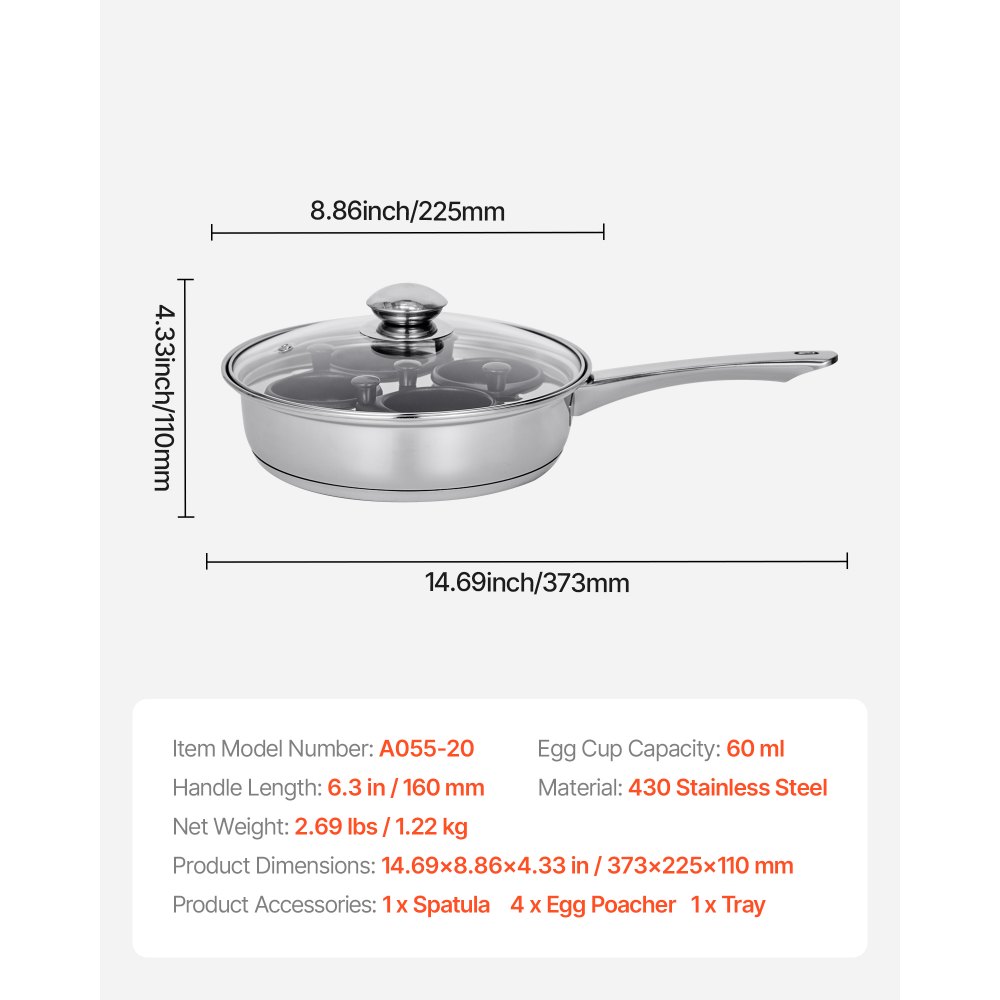 VEVOR Egg Poacher Pan, 4-Cup Poached Egg Maker, Stainless Steel Poaching Pan and Frying Skillet, with 4 Nonsitck Detachable Large Cups, Lid, and Silicone Spatula, Compatible with Induction Stovetop