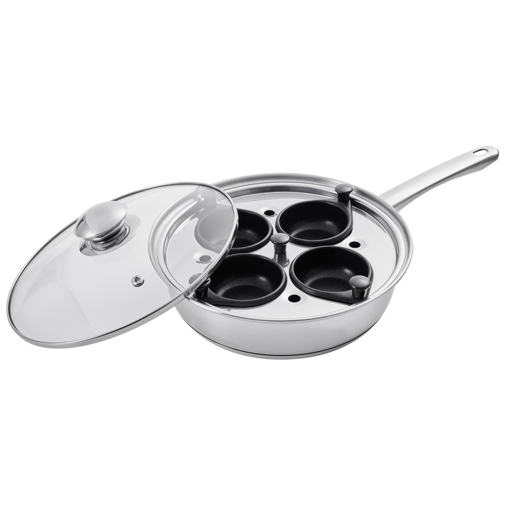 VEVOR Egg Poacher Pan, 4-Cup Poached Egg Maker, Stainless Steel Poaching Pan and Frying Skillet, with 4 Nonsitck Detachable Large Cups, Lid, and Silicone Spatula, Compatible with Induction Stovetop