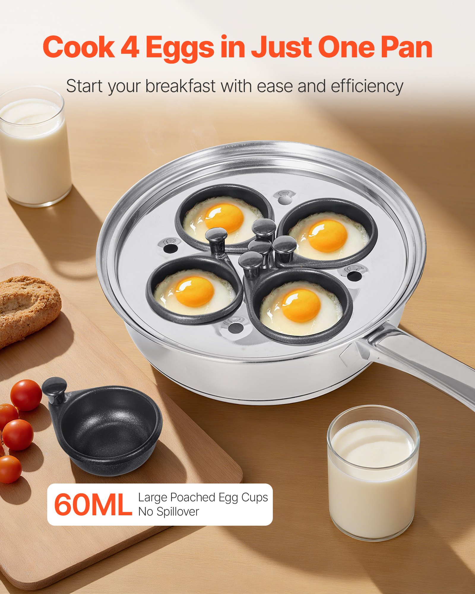 VEVOR Egg Poacher Pan, 4-Cup Poached Egg Maker, Stainless Steel Poaching Pan and Frying Skillet, with 4 Nonsitck Detachable Large Cups, Lid, and Silicone Spatula, Compatible with Induction Stovetop