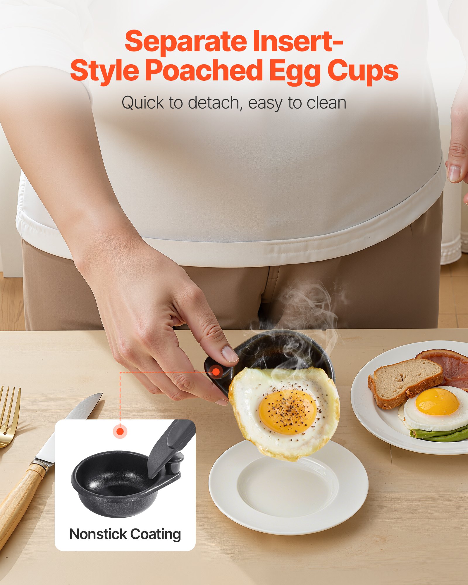 VEVOR Egg Poacher Pan, 4-Cup Poached Egg Maker, Stainless Steel Poaching Pan and Frying Skillet, with 4 Nonsitck Detachable Large Cups, Lid, and Silicone Spatula, Compatible with Induction Stovetop