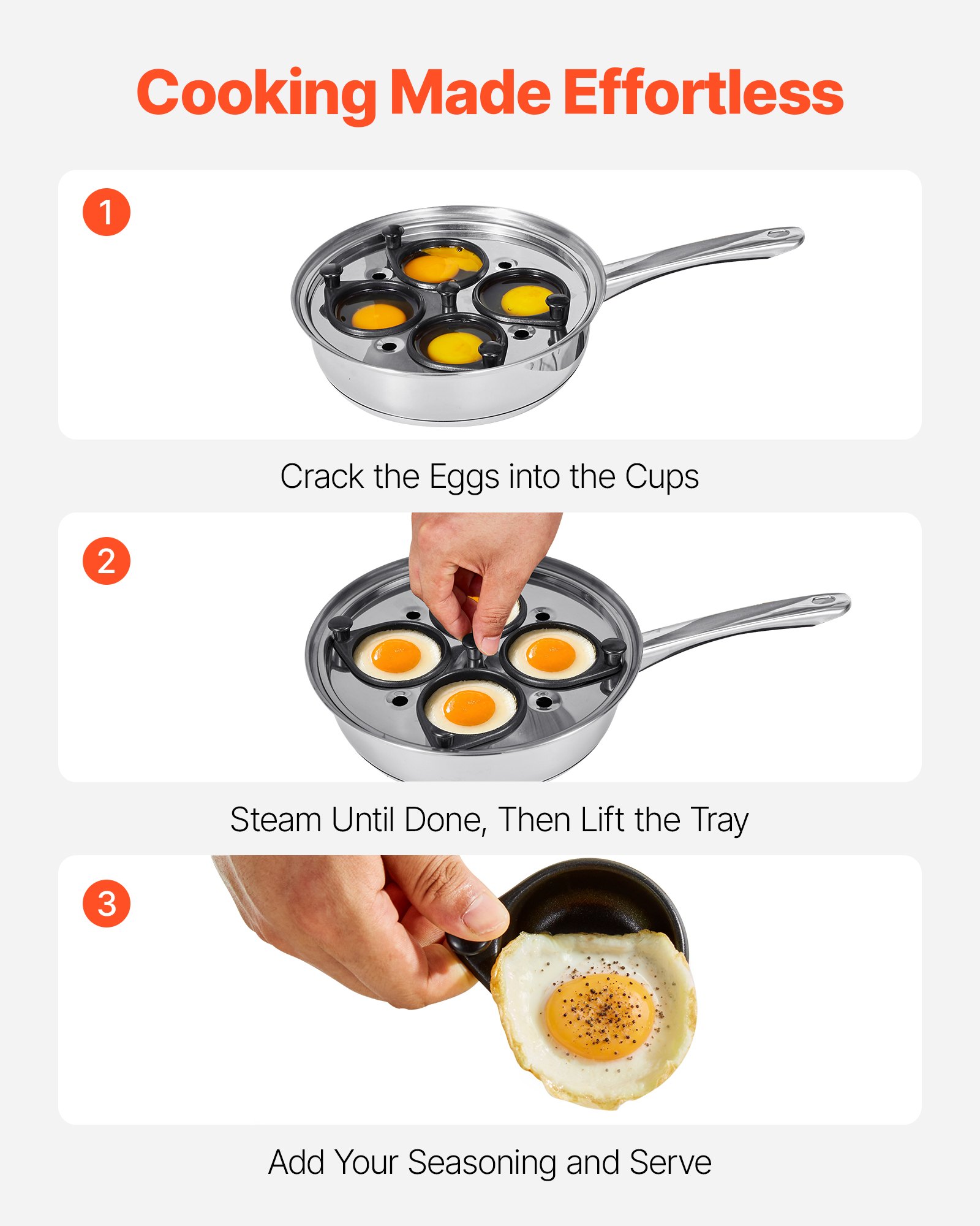 VEVOR Egg Poacher Pan, 4-Cup Poached Egg Maker, Stainless Steel Poaching Pan and Frying Skillet, with 4 Nonsitck Detachable Large Cups, Lid, and Silicone Spatula, Compatible with Induction Stovetop