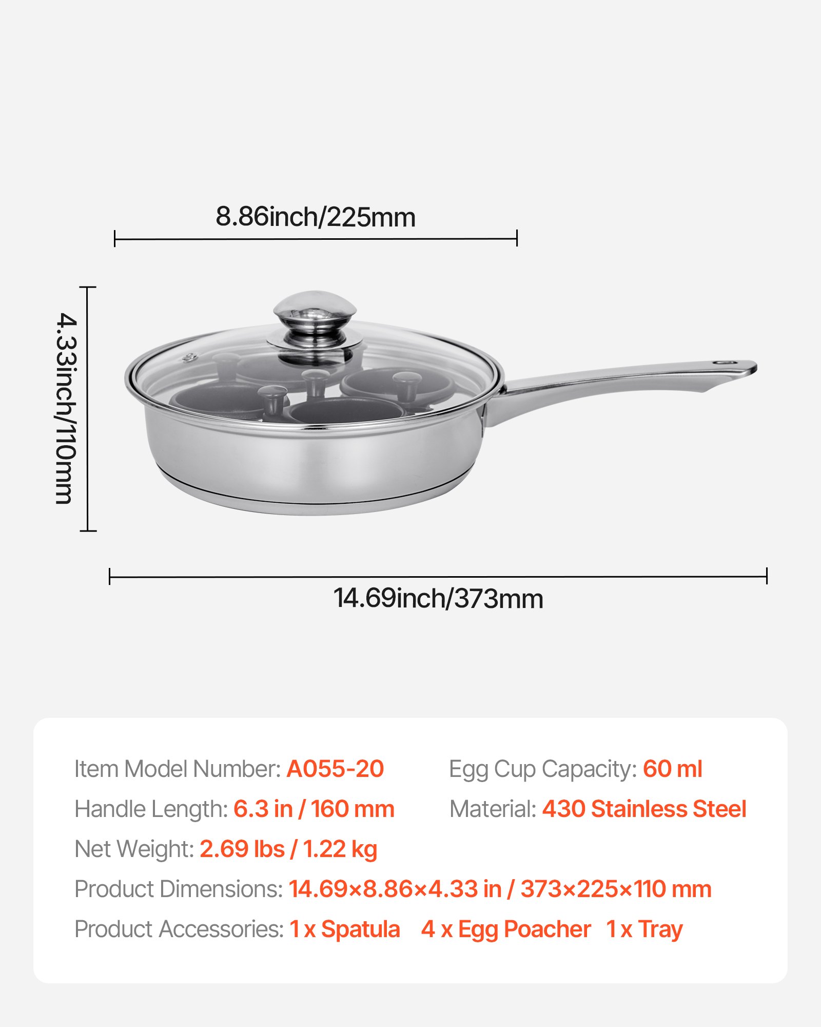 VEVOR Egg Poacher Pan, 4-Cup Poached Egg Maker, Stainless Steel Poaching Pan and Frying Skillet, with 4 Nonsitck Detachable Large Cups, Lid, and Silicone Spatula, Compatible with Induction Stovetop
