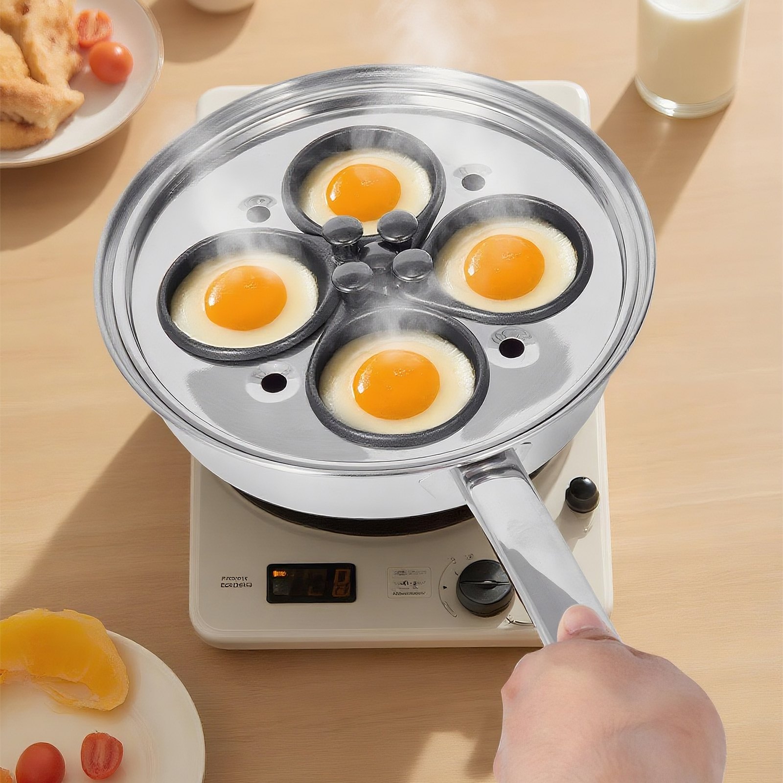 VEVOR Egg Poacher Pan, 4-Cup Poached Egg Maker, Stainless Steel Poaching Pan and Frying Skillet, with 4 Nonsitck Detachable Large Cups, Lid, and Silicone Spatula, Compatible with Induction Stovetop