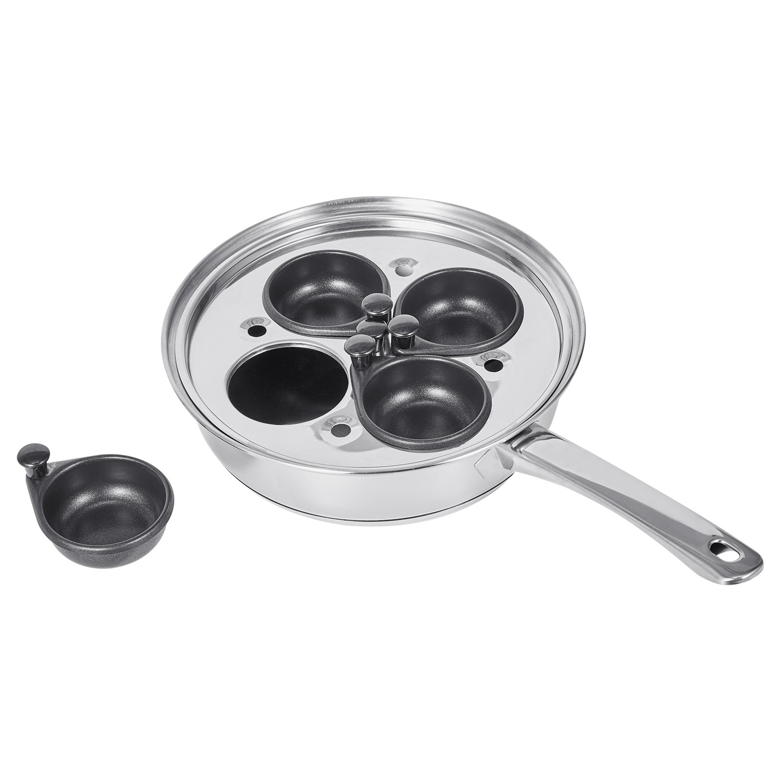 VEVOR Egg Poacher Pan, 4-Cup Poached Egg Maker, Stainless Steel Poaching Pan and Frying Skillet, with 4 Nonsitck Detachable Large Cups, Lid, and Silicone Spatula, Compatible with Induction Stovetop